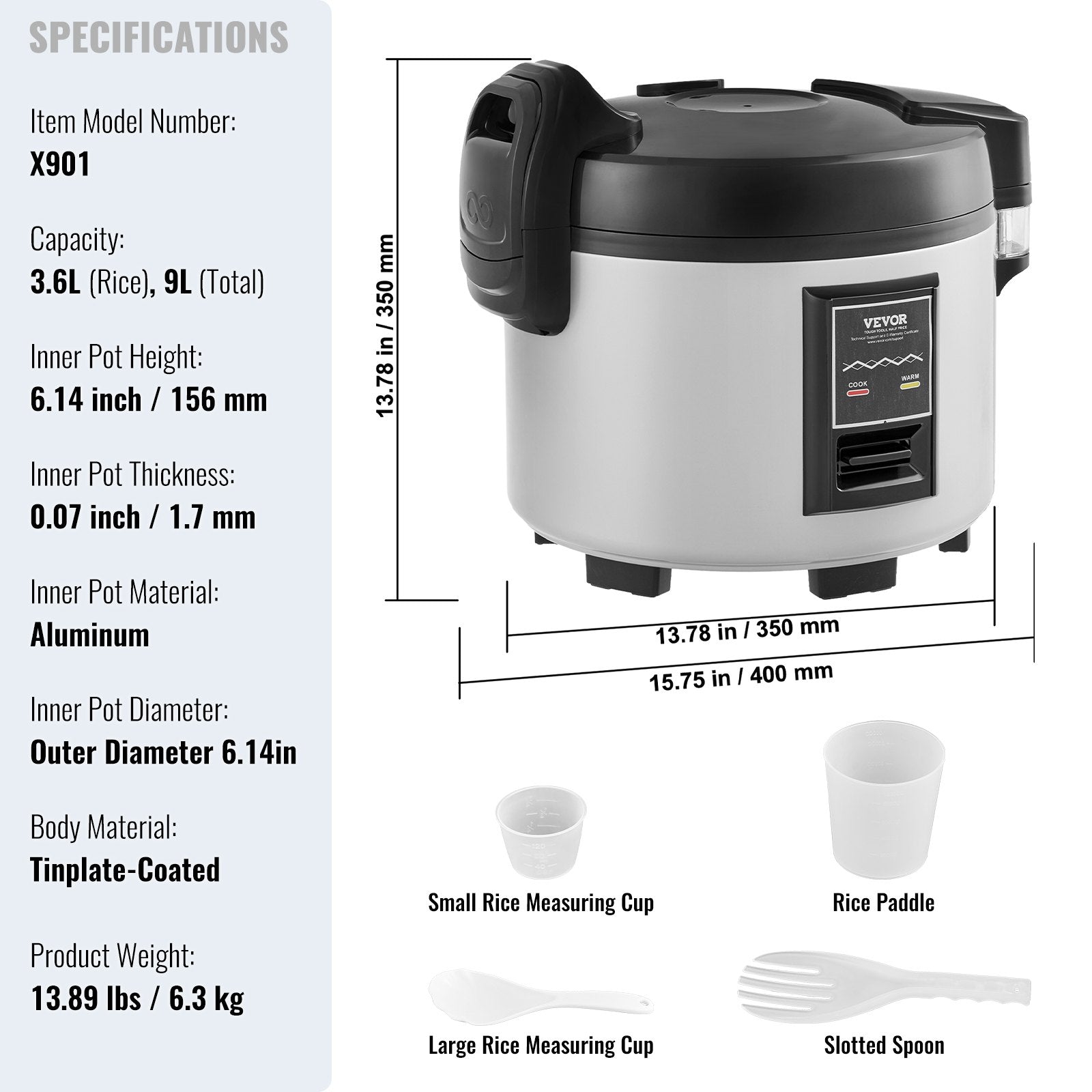 VEVOR Commercial Rice Cooker, 45-Cup Rice Cooker, 9 Liter Large Rice Cooker and Warmer with Nonstick Inner Pot, Fast Cooking and 12-Hour Keep Warm, with Rice Cup and Paddle, for Restaurant 7