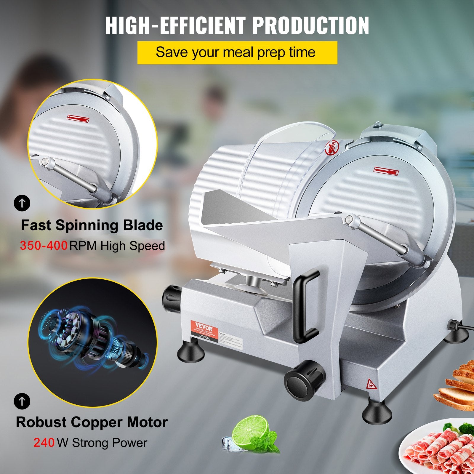 VEVOR Commercial Meat Slicer, 240W Electric Deli Food Slicer, 10 inch Carbon Steel Blade Electric Food Slicer, 350-400RPM Meat Slicer, 0 - 0.47 inch Adjustable Thickness for Commercial and Home Use 5