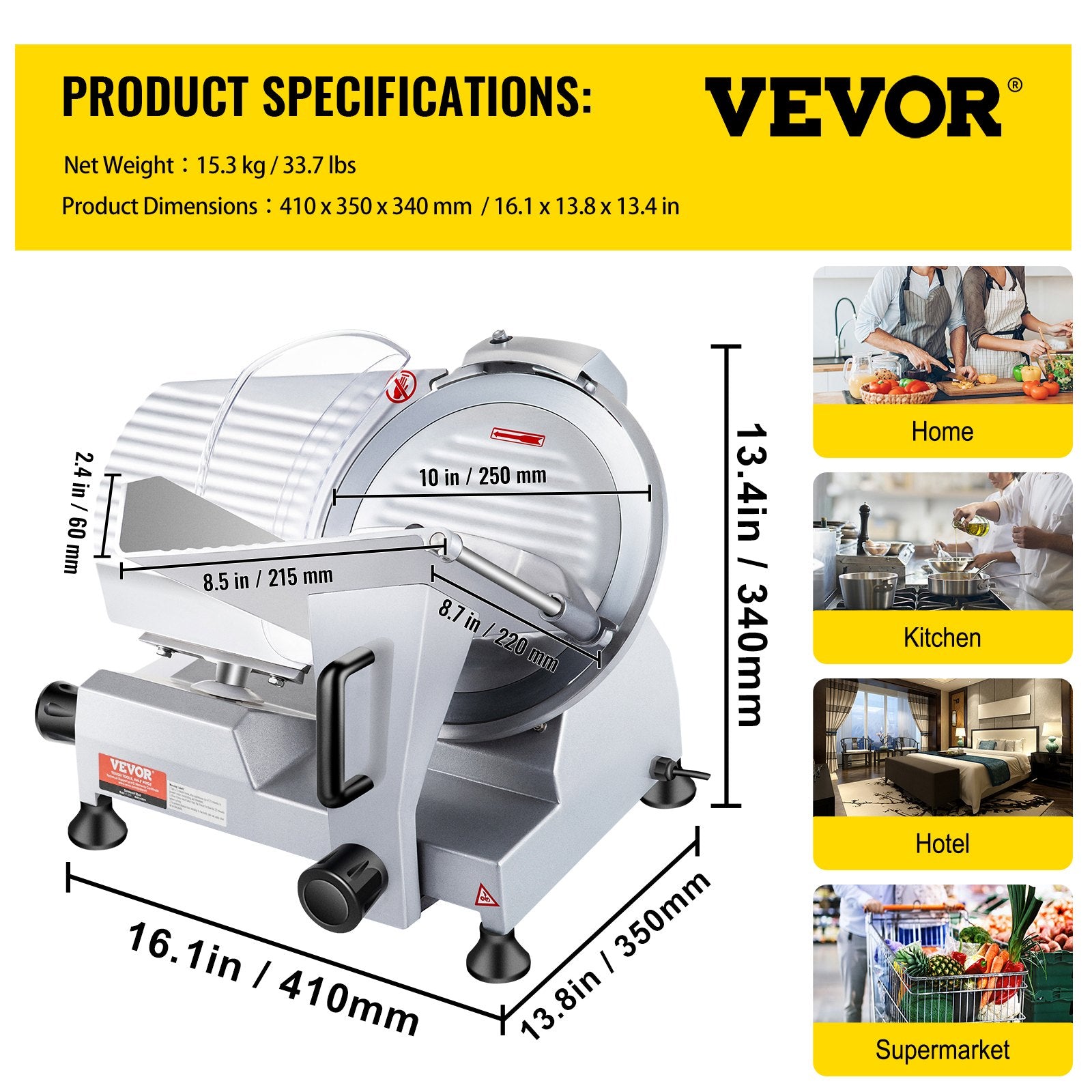 VEVOR Commercial Meat Slicer, 240W Electric Deli Food Slicer, 10 inch Carbon Steel Blade Electric Food Slicer, 350-400RPM Meat Slicer, 0 - 0.47 inch Adjustable Thickness for Commercial and Home Use 7