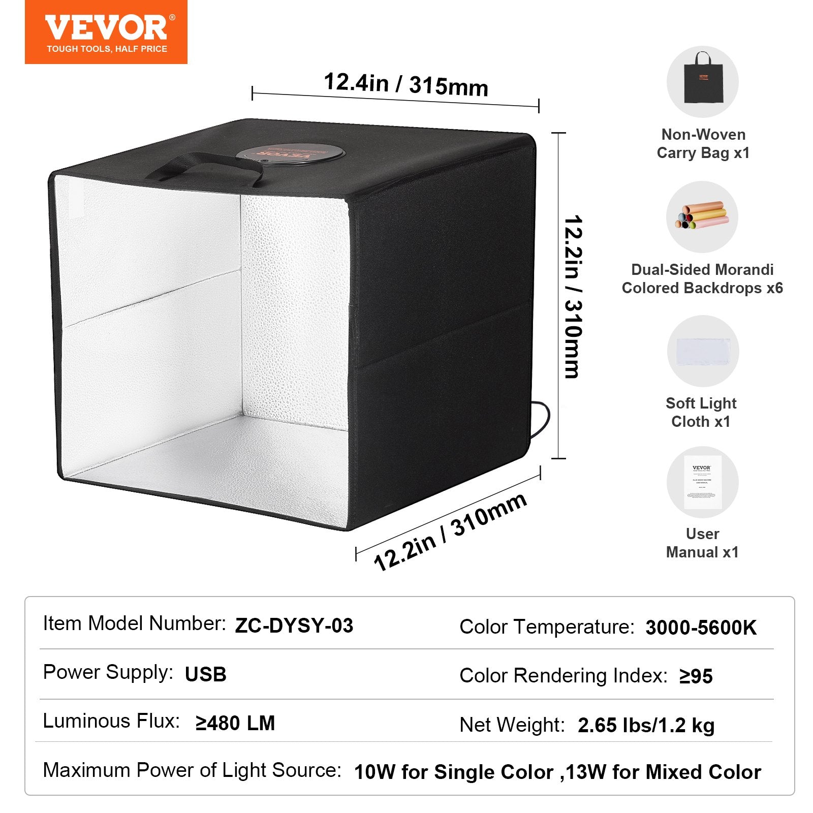 VEVOR Photo Studio Light Box 3000-5600K 6 Double-Sided Color Backdrops, 31.5 x 31 x 31 cm 7