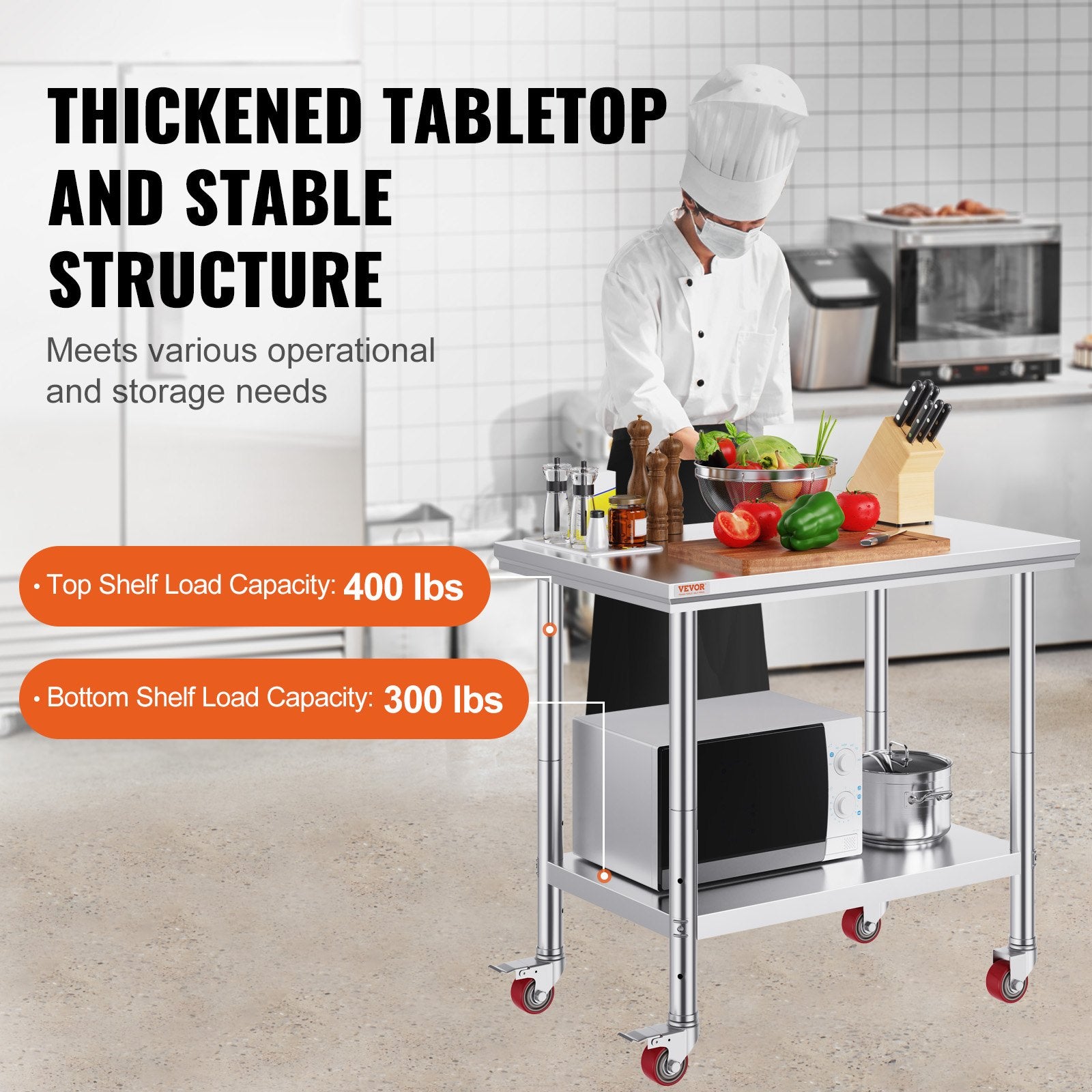 VEVOR Stainless Steel Work Table 36x24 Inch with 4 Wheels Commercial Food Prep Worktable with Casters Heavy Duty Work Table for Commercial Kitchen Restaurant 3