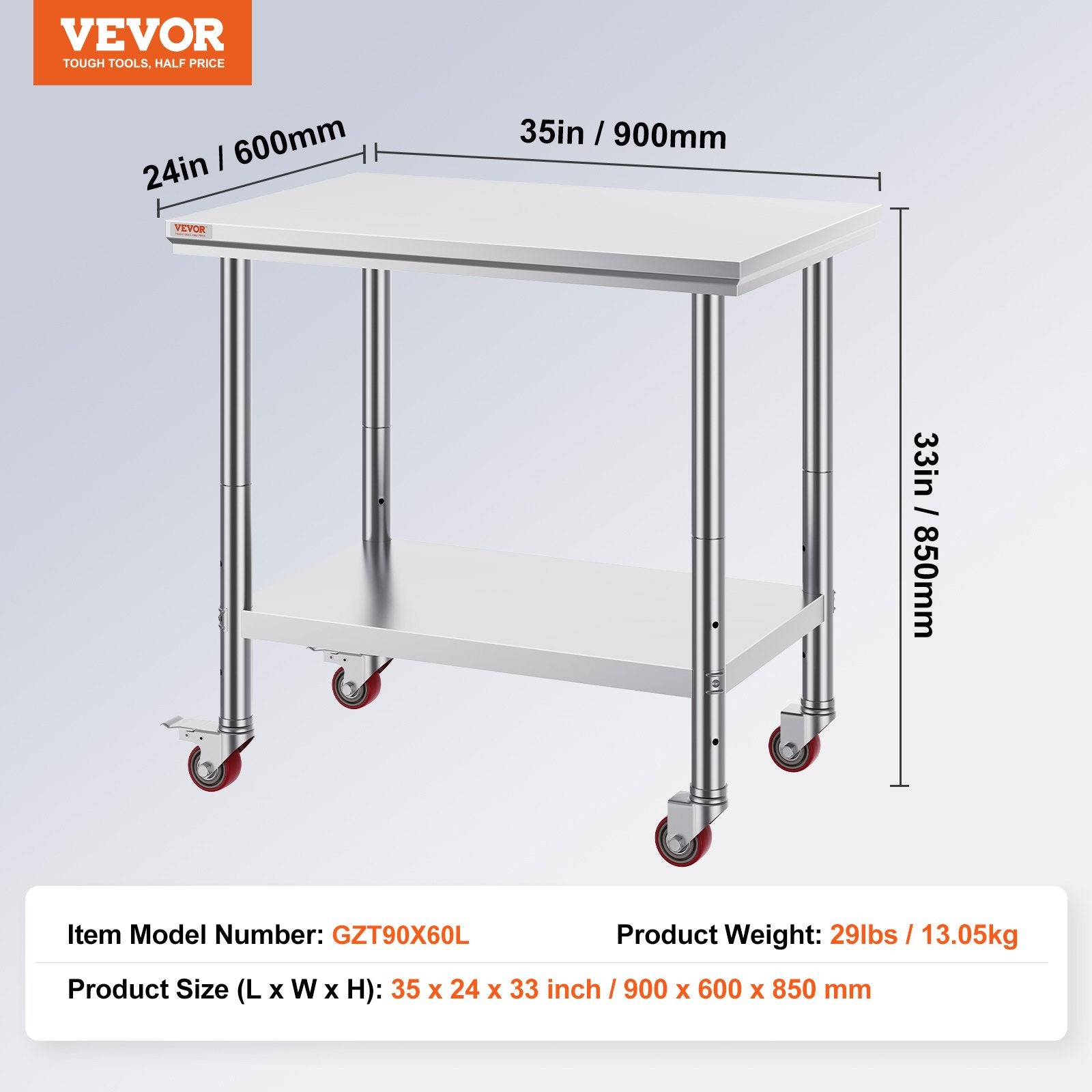 VEVOR Stainless Steel Work Table 36x24 Inch with 4 Wheels Commercial Food Prep Worktable with Casters Heavy Duty Work Table for Commercial Kitchen Restaurant 7