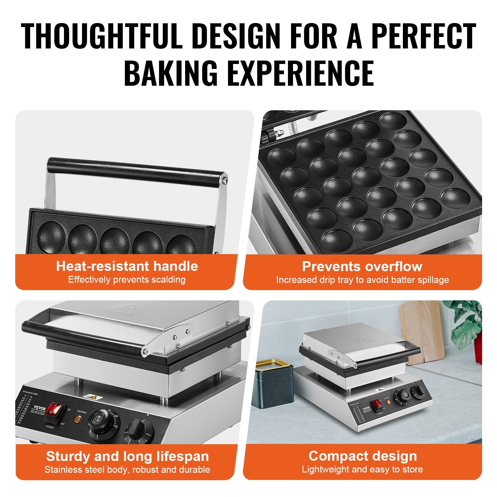 VEVOR Mini Dutch Pancake Maker, 25PCS 43mm Diameter Dorayaki Baker Machine, 1700W Commercial Electric Poffertjes Grill, Non-stick Stainless Steel, Temp & Time Control, for Home Kitchen Restaurant 5