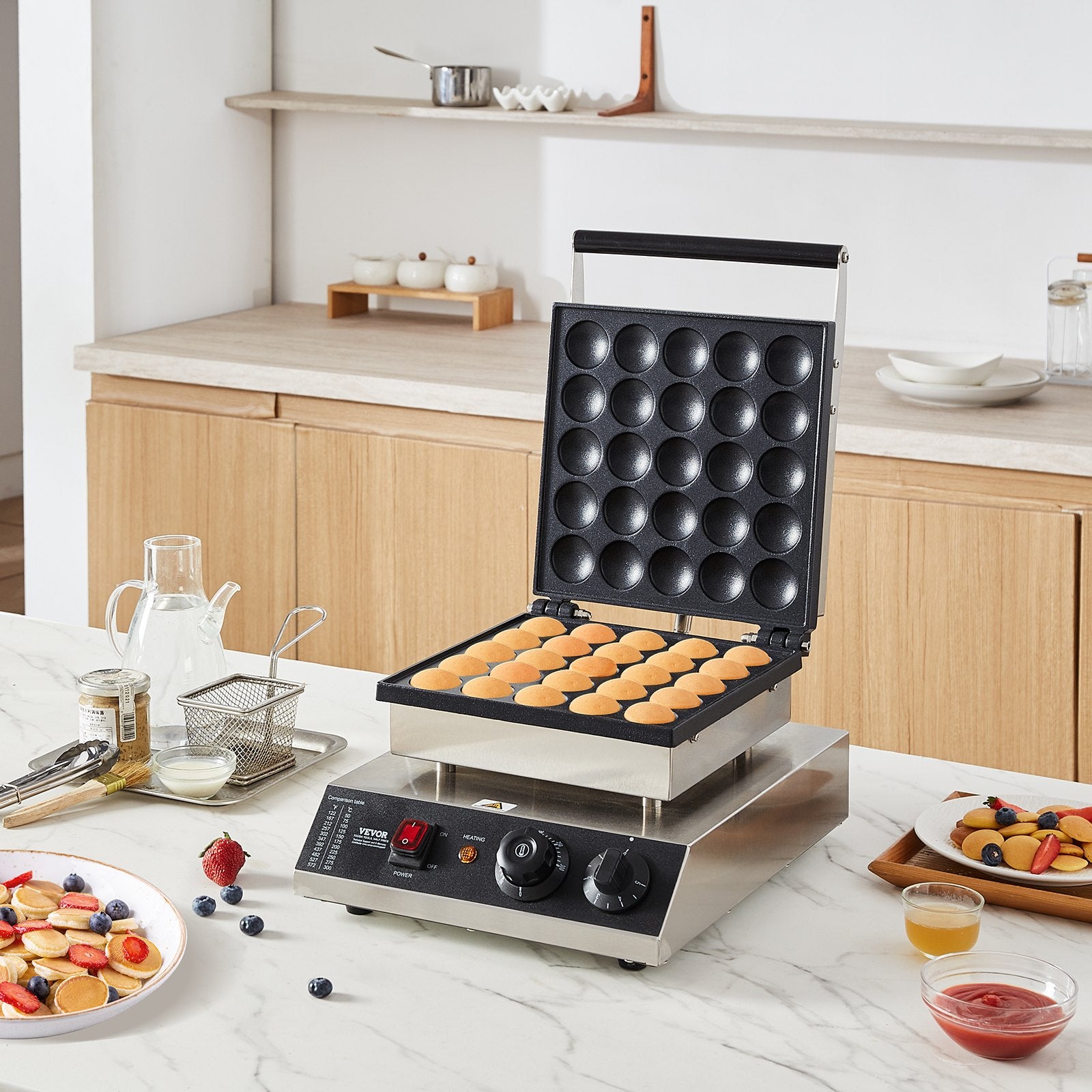 VEVOR Mini Dutch Pancake Maker, 25PCS 43mm Diameter Dorayaki Baker Machine, 1700W Commercial Electric Poffertjes Grill, Non-stick Stainless Steel, Temp & Time Control, for Home Kitchen Restaurant 8