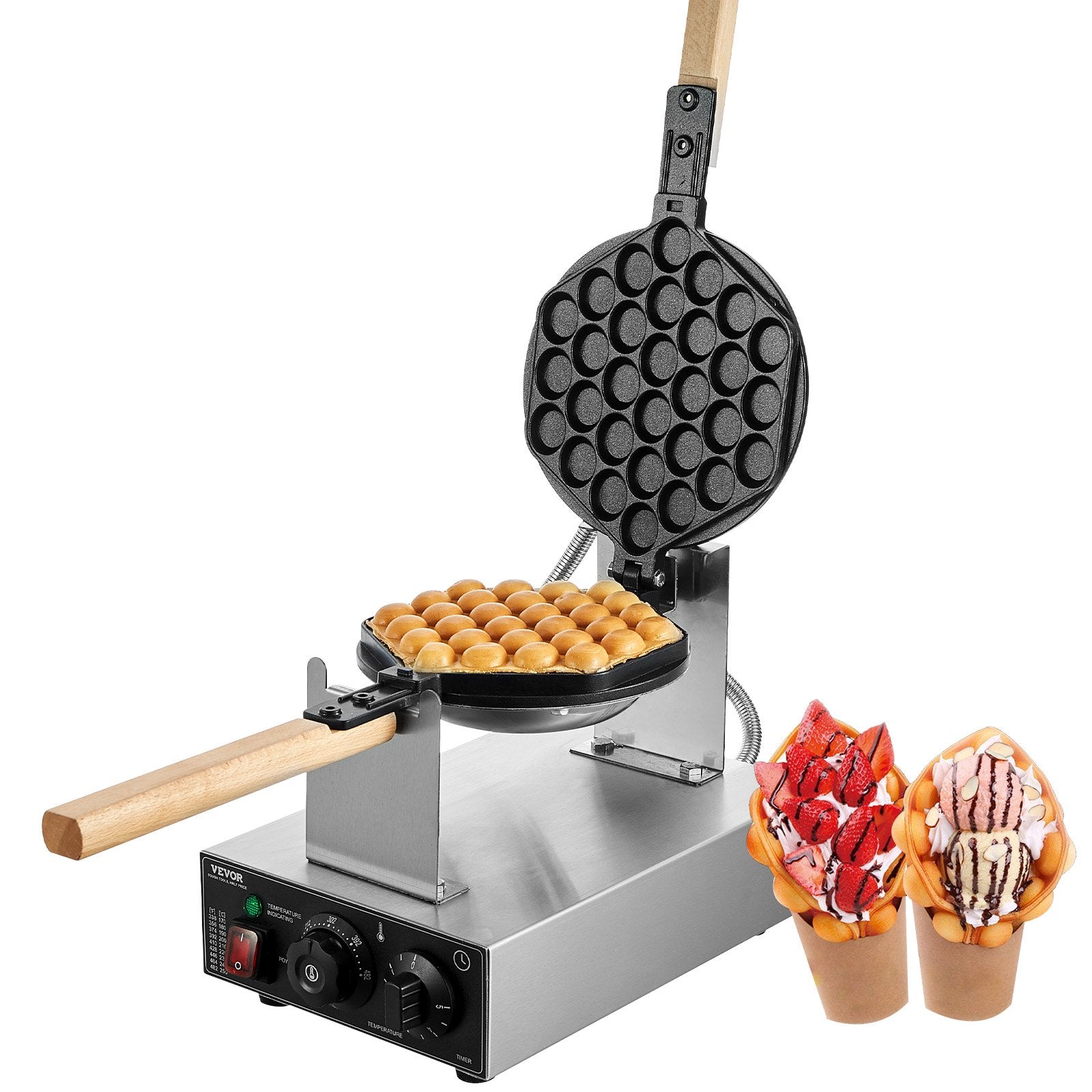 VEVOR Commercial Bubble Waffle Maker, 1400W Egg Pancake Baker Machine, Non-Stick Stainless Steel Egg Bubble Puff, 180° Rotatable, Temp and Time Control, Wooden Handle, for Restaurant Bakery Snack Bar