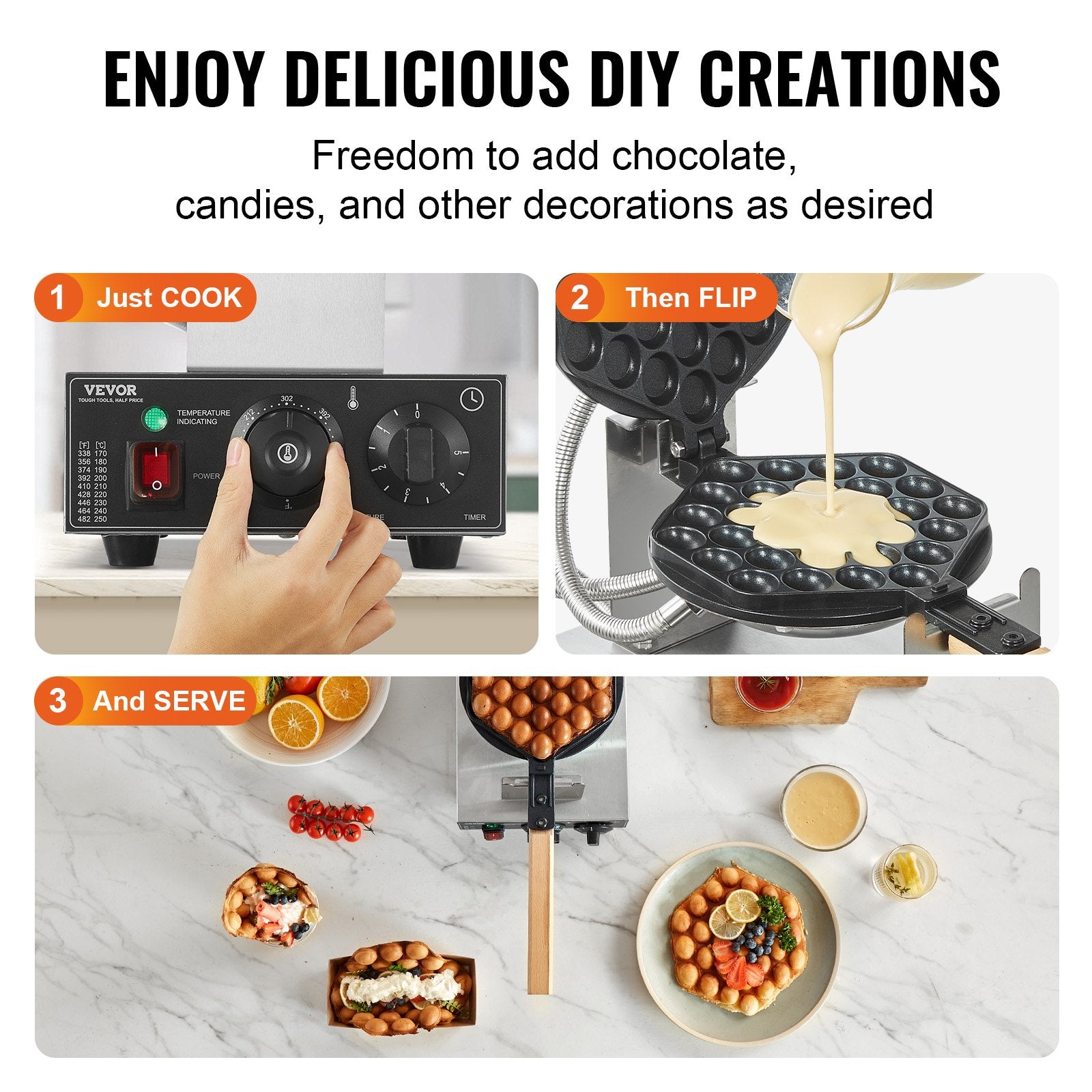 VEVOR Commercial Bubble Waffle Maker, 1400W Egg Pancake Baker Machine, Non-Stick Stainless Steel Egg Bubble Puff, 180° Rotatable, Temp and Time Control, Wooden Handle, for Restaurant Bakery Snack Bar 6