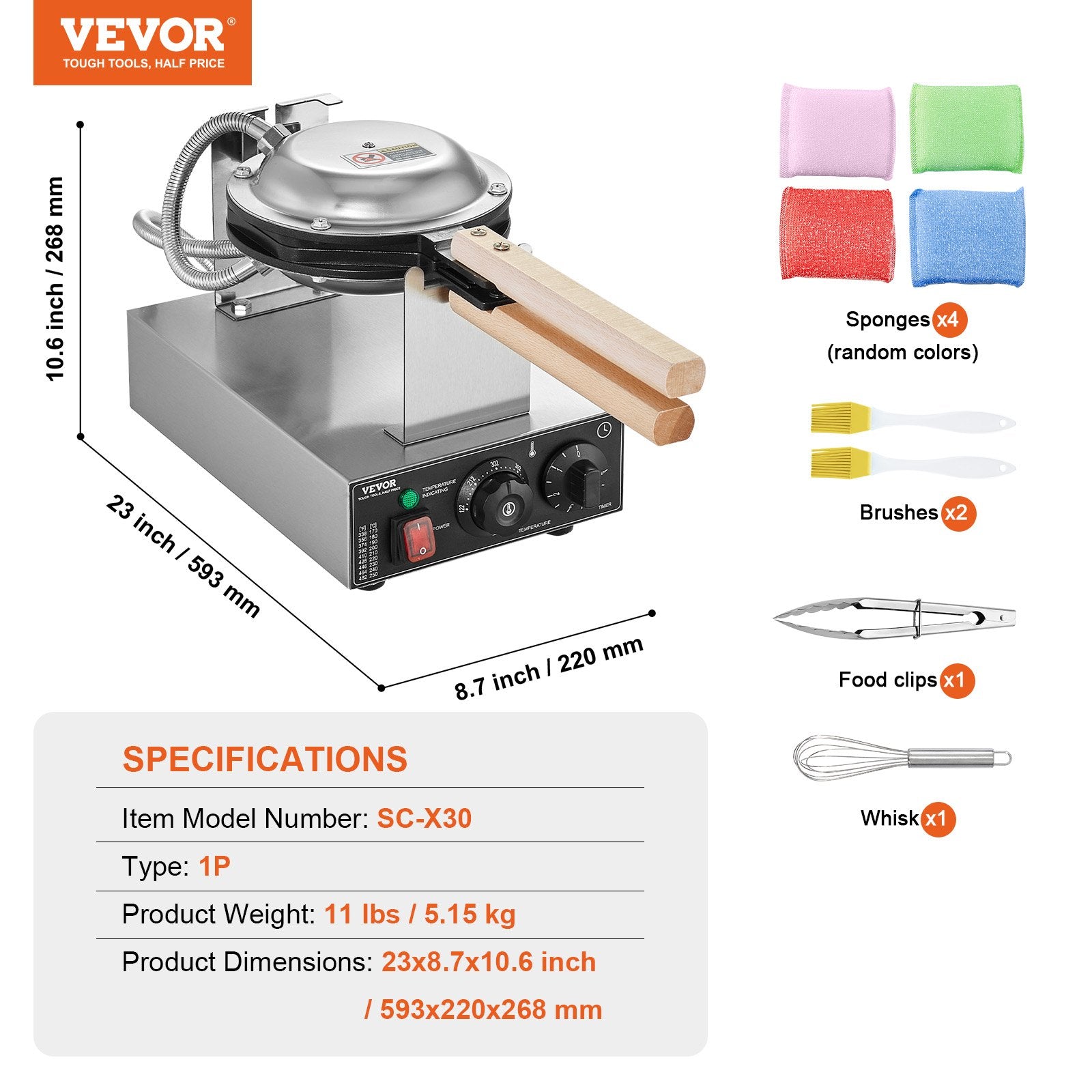 VEVOR Commercial Bubble Waffle Maker, 1400W Egg Pancake Baker Machine, Non-Stick Stainless Steel Egg Bubble Puff, 180° Rotatable, Temp and Time Control, Wooden Handle, for Restaurant Bakery Snack Bar 7