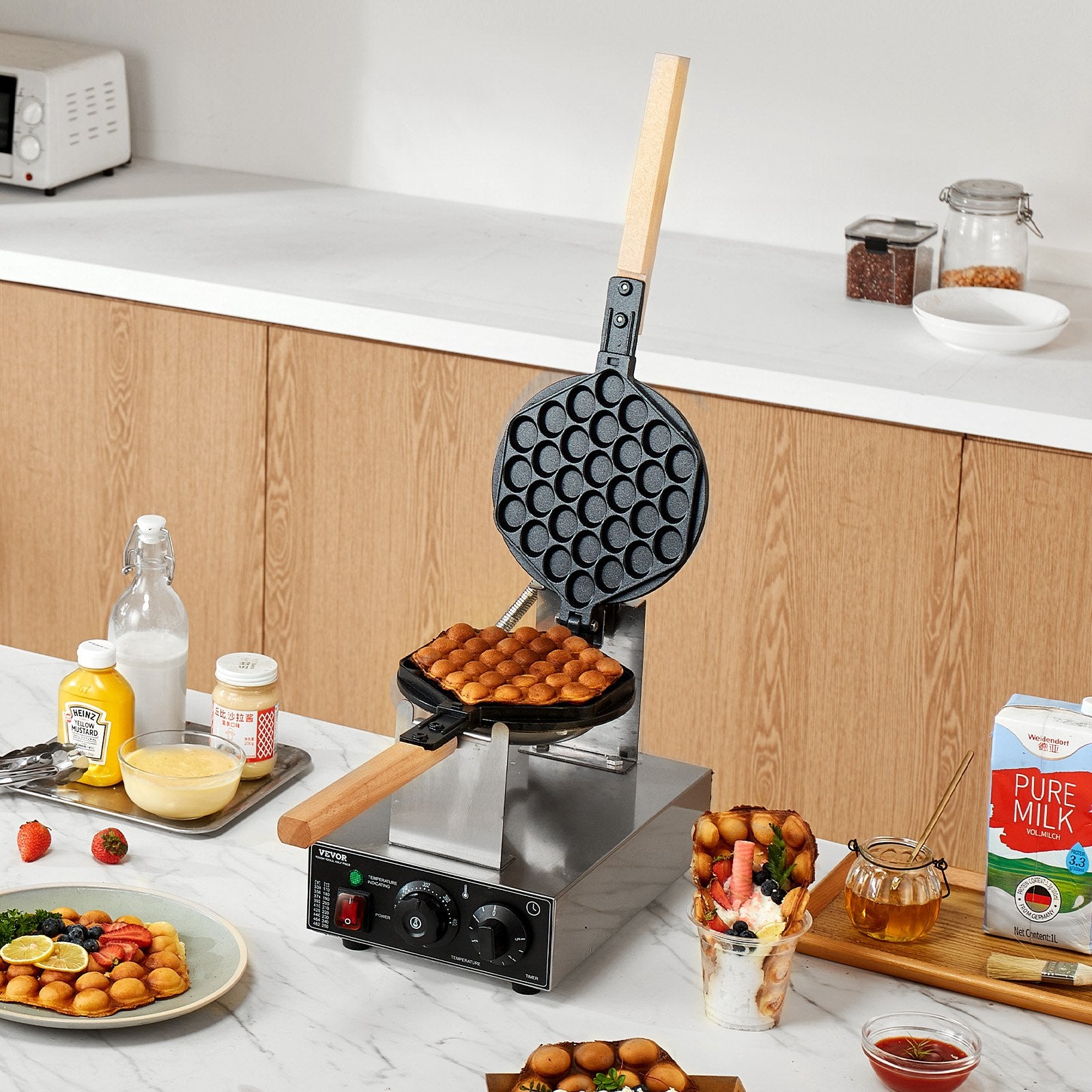 VEVOR Commercial Bubble Waffle Maker, 1400W Egg Pancake Baker Machine, Non-Stick Stainless Steel Egg Bubble Puff, 180° Rotatable, Temp and Time Control, Wooden Handle, for Restaurant Bakery Snack Bar 8