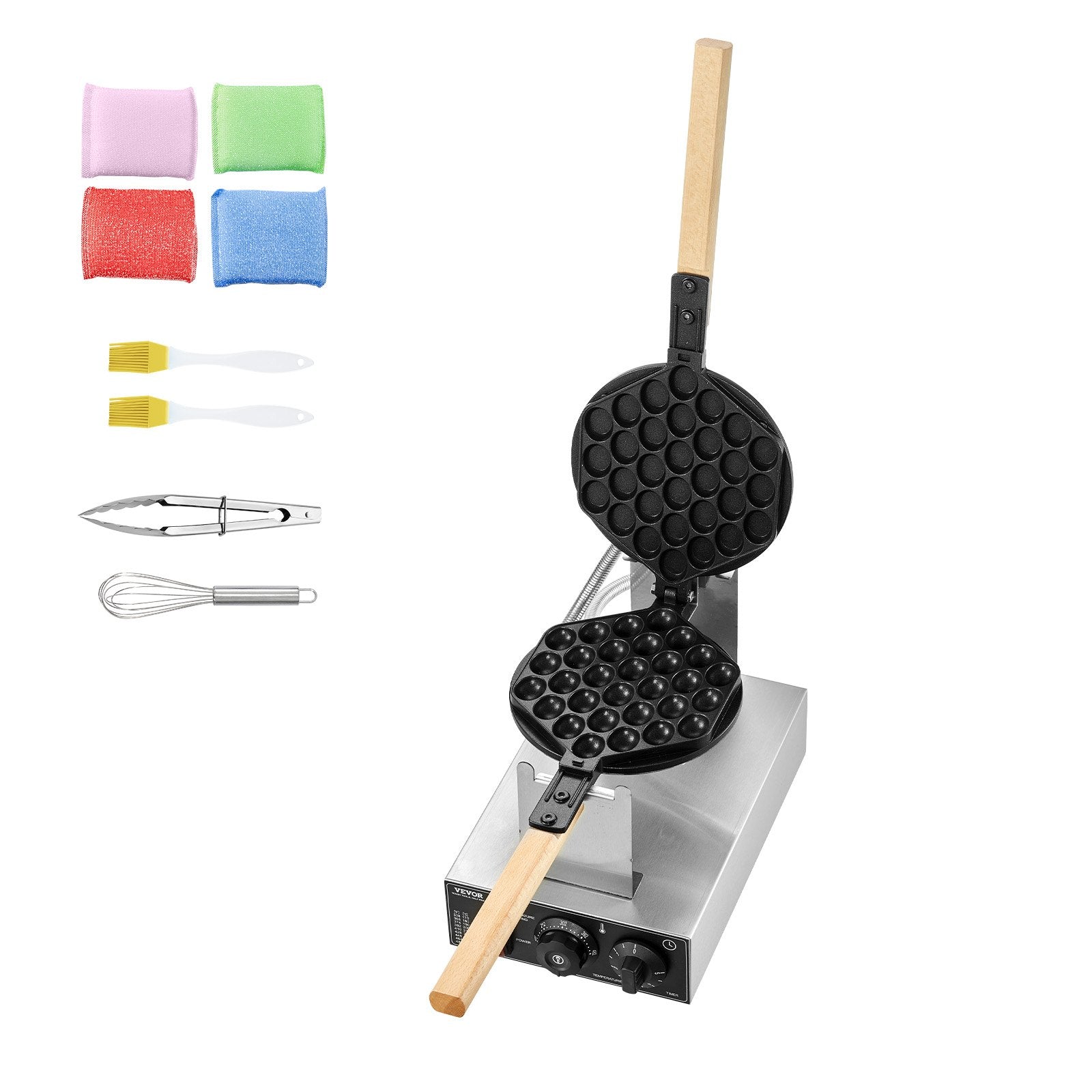 VEVOR Commercial Bubble Waffle Maker, 1400W Egg Pancake Baker Machine, Non-Stick Stainless Steel Egg Bubble Puff, 180° Rotatable, Temp and Time Control, Wooden Handle, for Restaurant Bakery Snack Bar 9
