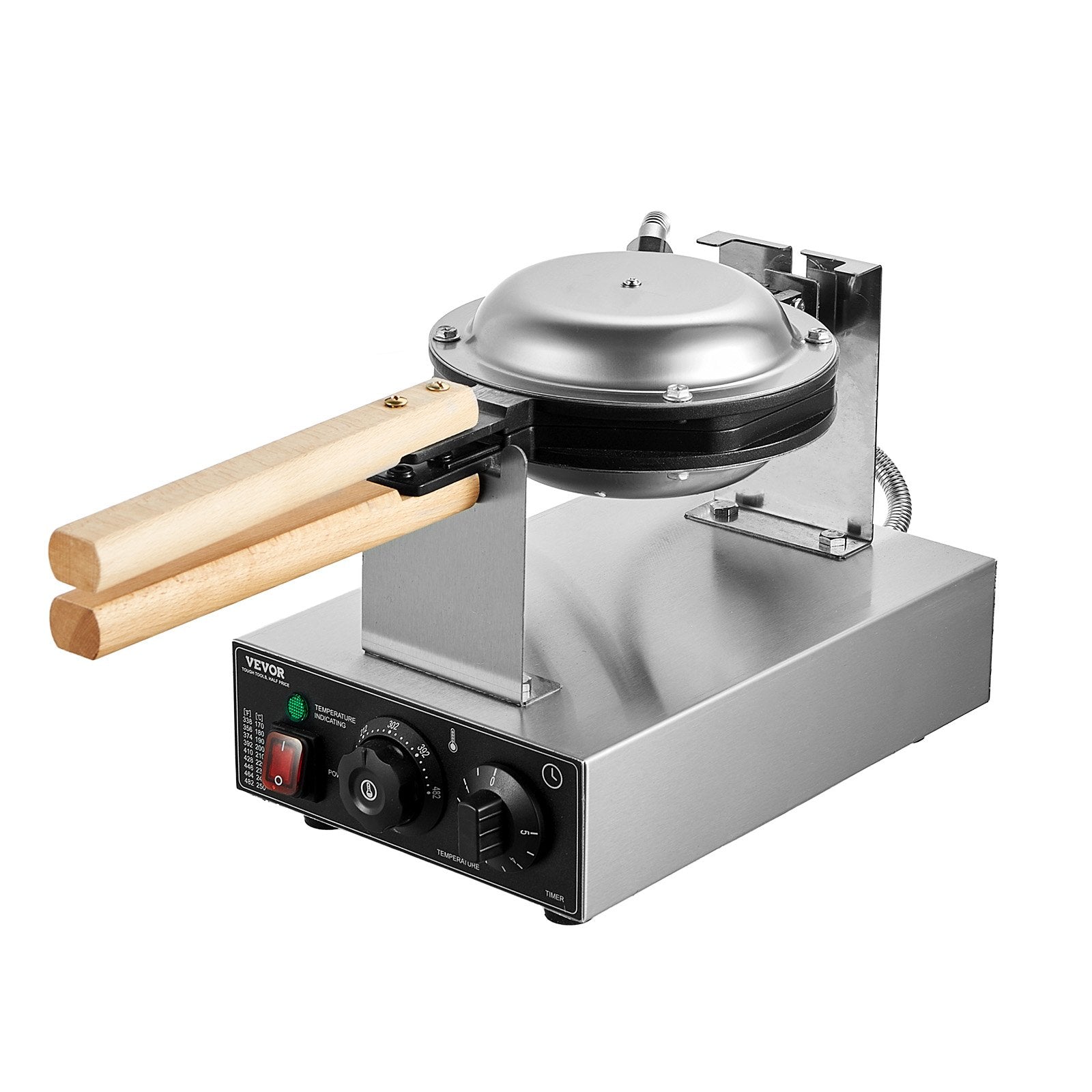 VEVOR Commercial Bubble Waffle Maker, 1400W Egg Pancake Baker Machine, Non-Stick Stainless Steel Egg Bubble Puff, 180° Rotatable, Temp and Time Control, Wooden Handle, for Restaurant Bakery Snack Bar 10