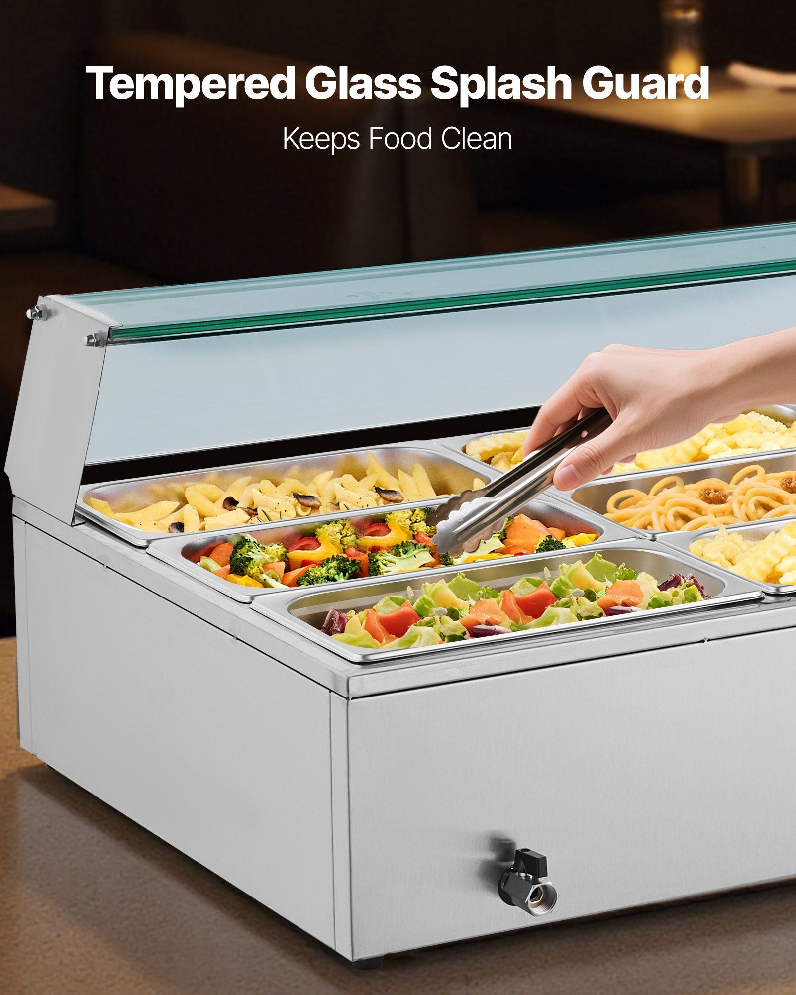 VEVOR Commercial Food Warmer, 1500W Electric Stainless Steel Steam Food Warmer with Glass Cover, 9-Pan Countertop Buffet Bain Marie with Soup & Perforated Ladles, for Catering, Restaurant & Party 4