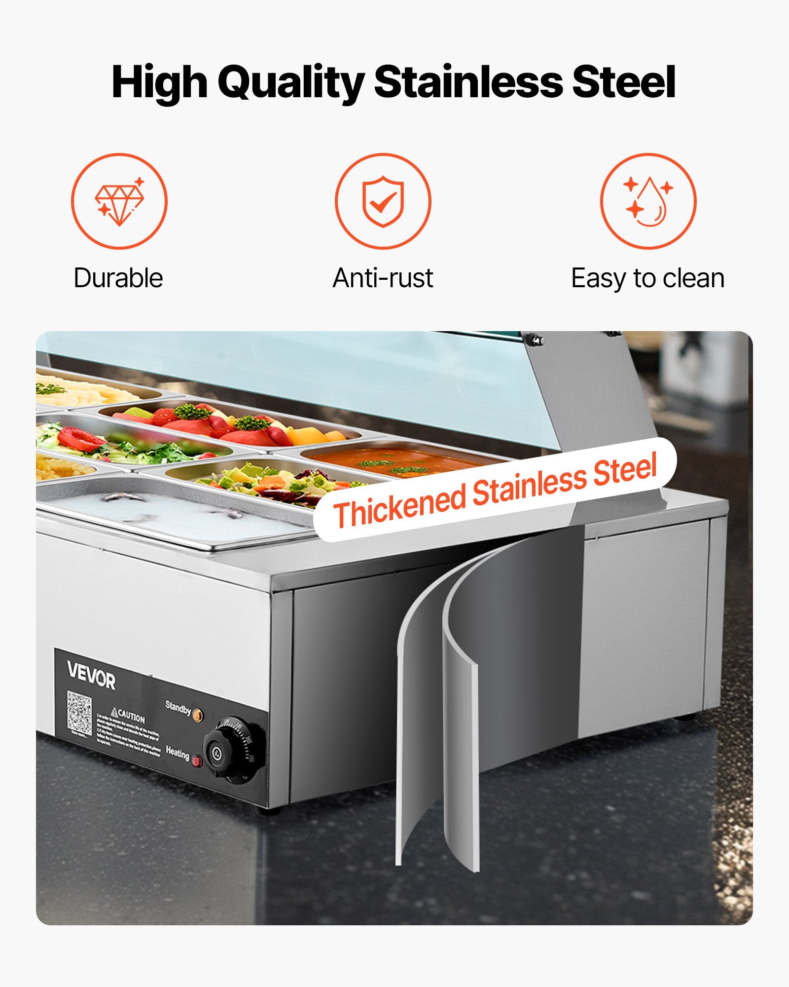 VEVOR Commercial Food Warmer, 1500W Electric Stainless Steel Steam Food Warmer with Glass Cover, 9-Pan Countertop Buffet Bain Marie with Soup & Perforated Ladles, for Catering, Restaurant & Party 5