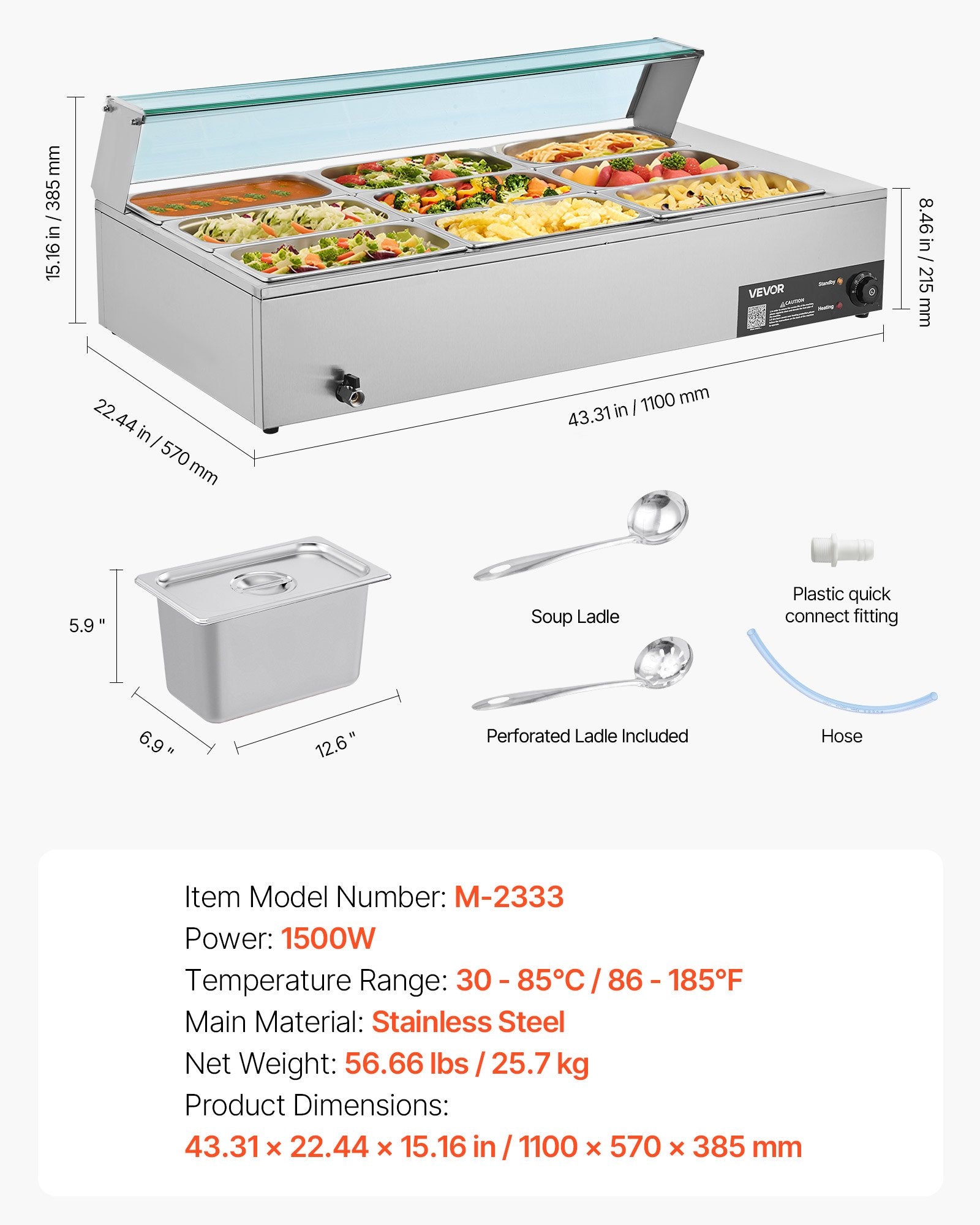 VEVOR Commercial Food Warmer, 1500W Electric Stainless Steel Steam Food Warmer with Glass Cover, 9-Pan Countertop Buffet Bain Marie with Soup & Perforated Ladles, for Catering, Restaurant & Party 7