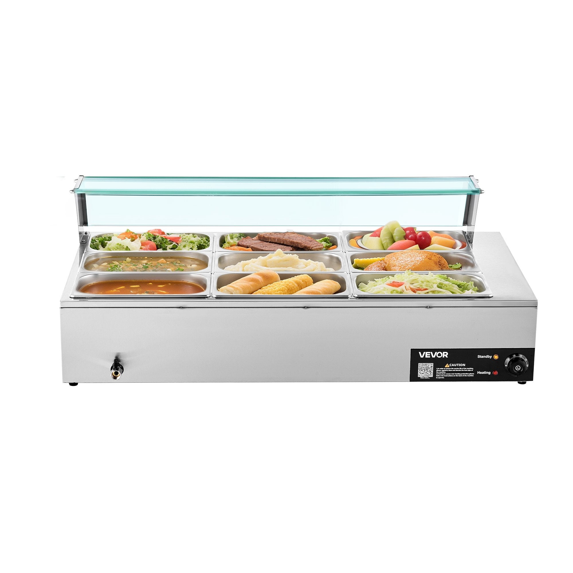 VEVOR Commercial Food Warmer, 1500W Electric Stainless Steel Steam Food Warmer with Glass Cover, 9-Pan Countertop Buffet Bain Marie with Soup & Perforated Ladles, for Catering, Restaurant & Party 11