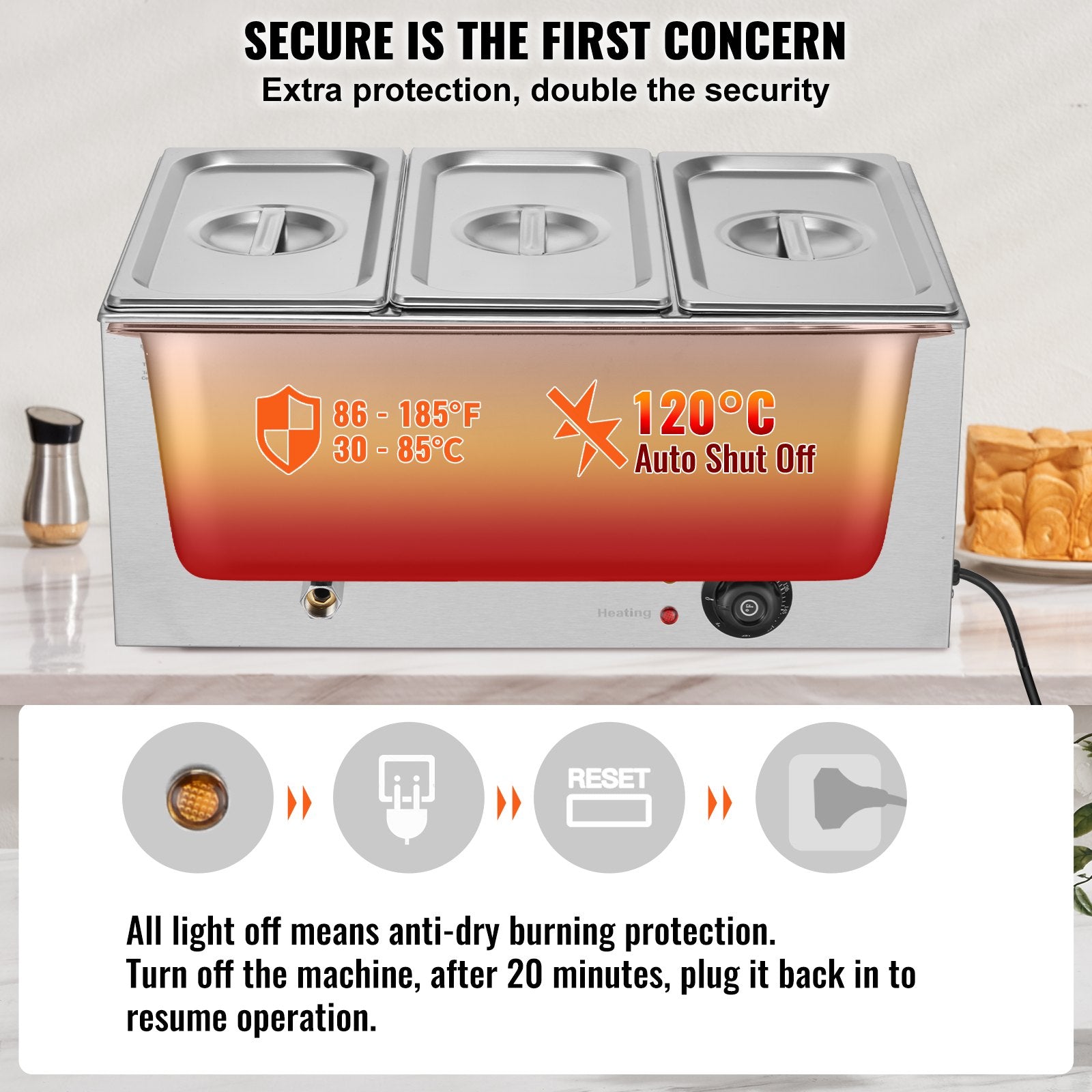 VEVOR 3-Pan Commercial Food Warmer, 16.5L Electric Steam Table, 1200W Professional Countertop Stainless Steel Buffet Bain Marie with 30 - 85℃ Temp Control for Catering and Restaurants, Silver 4