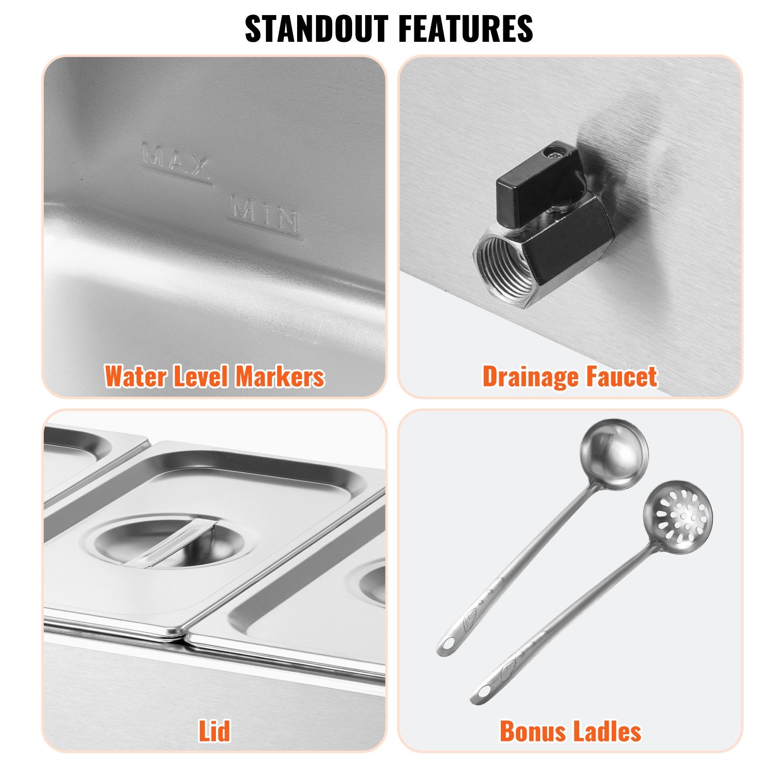 VEVOR 3-Pan Commercial Food Warmer, 16.5L Electric Steam Table, 1200W Professional Countertop Stainless Steel Buffet Bain Marie with 30 - 85℃ Temp Control for Catering and Restaurants, Silver 6