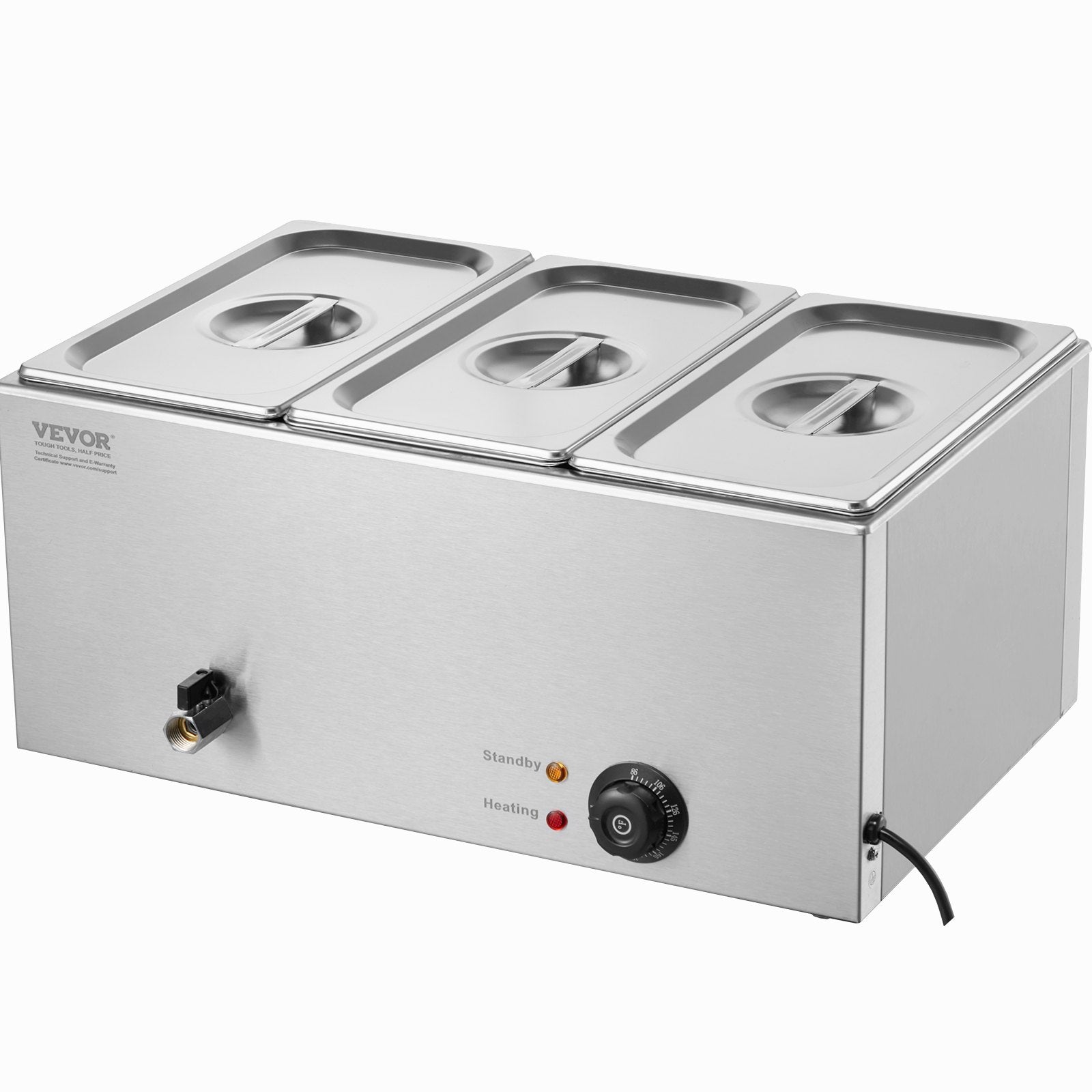 VEVOR 3-Pan Commercial Food Warmer, 16.5L Electric Steam Table, 1200W Professional Countertop Stainless Steel Buffet Bain Marie with 30 - 85℃ Temp Control for Catering and Restaurants, Silver 9