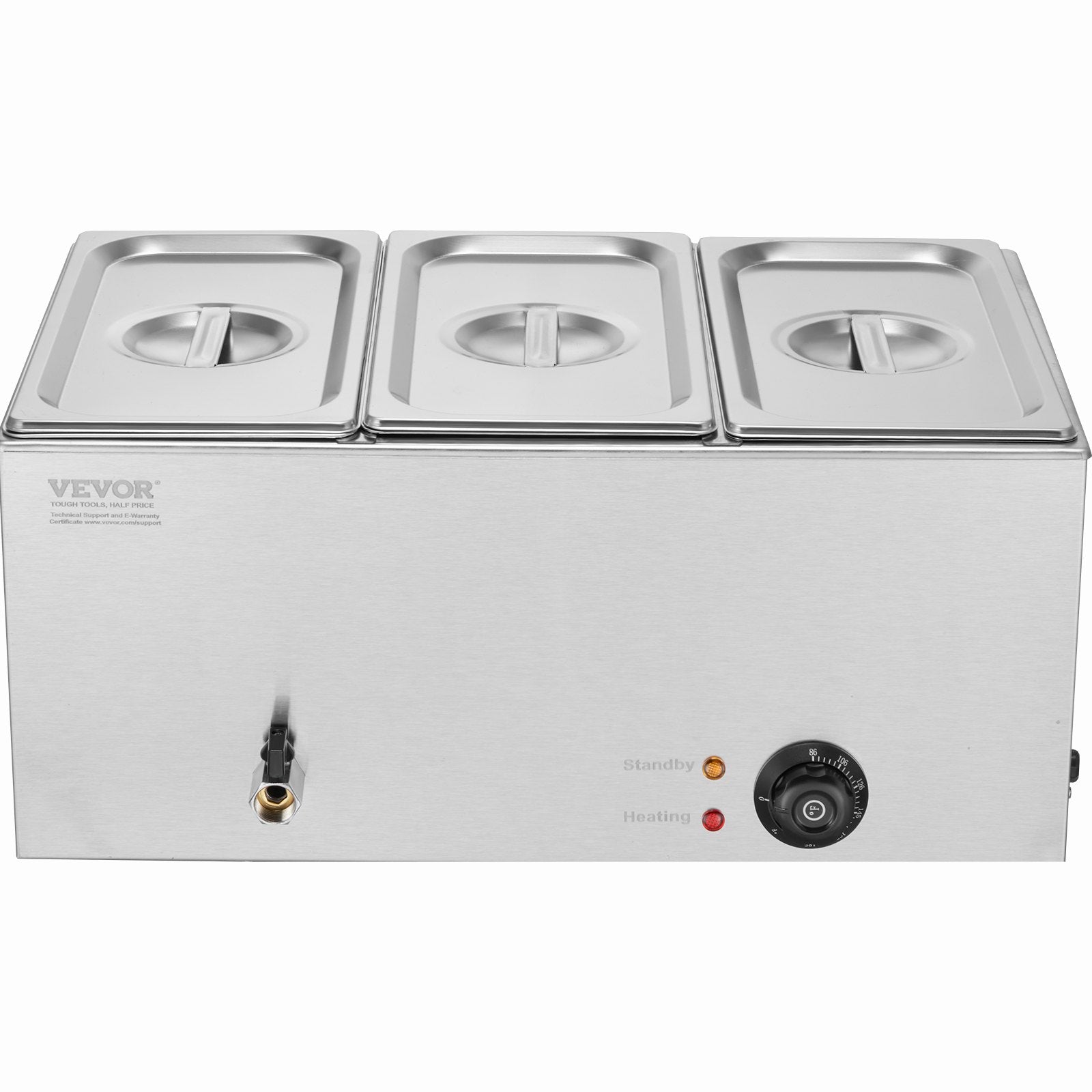 VEVOR 3-Pan Commercial Food Warmer, 16.5L Electric Steam Table, 1200W Professional Countertop Stainless Steel Buffet Bain Marie with 30 - 85℃ Temp Control for Catering and Restaurants, Silver 10