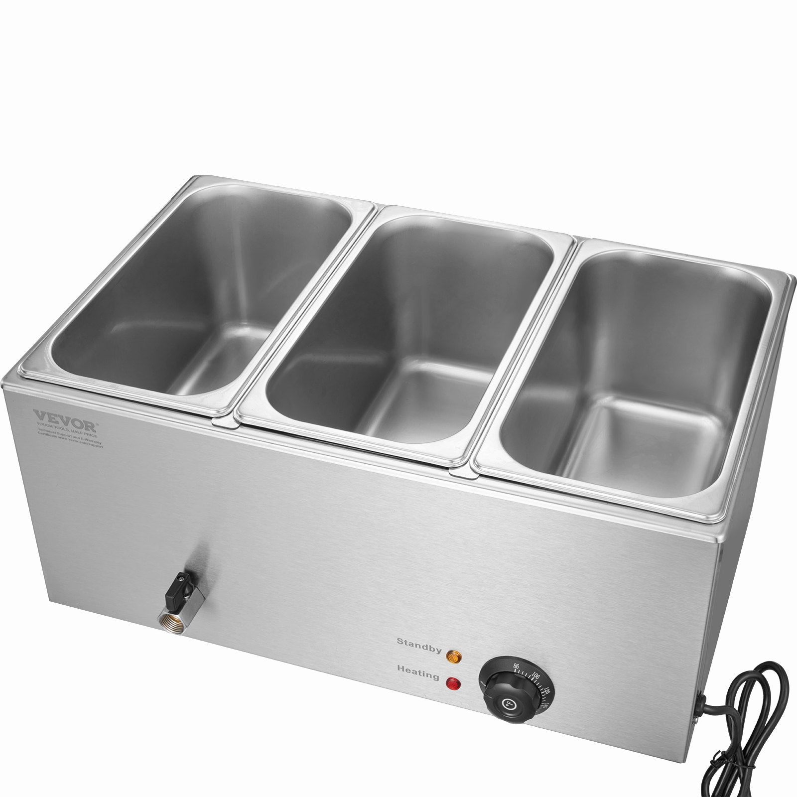 VEVOR 3-Pan Commercial Food Warmer, 16.5L Electric Steam Table, 1200W Professional Countertop Stainless Steel Buffet Bain Marie with 30 - 85℃ Temp Control for Catering and Restaurants, Silver 11