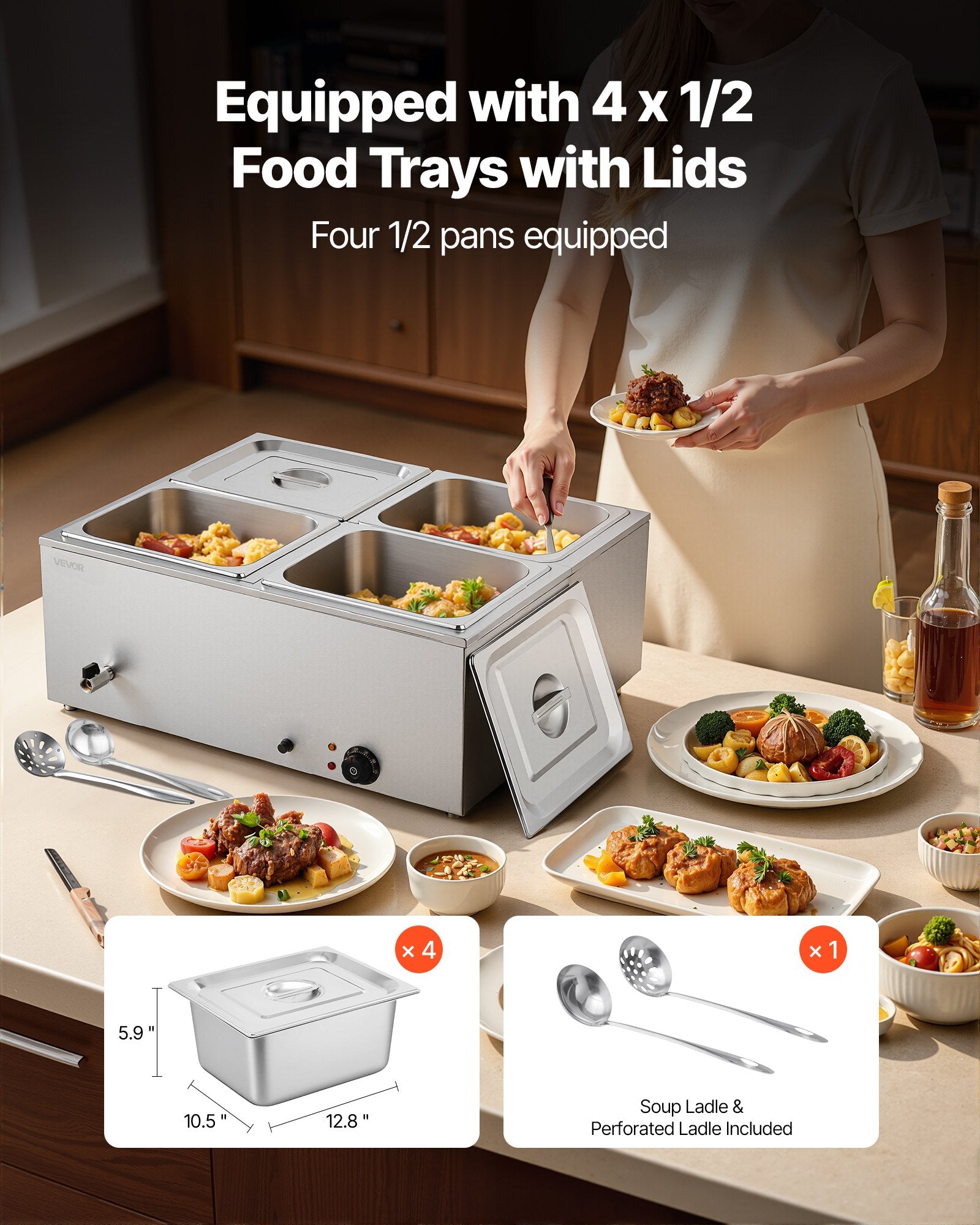 VEVOR Commercial Food Warmer, 1500W Electric Stainless Steel Steam Food Warmer with Lid, 4-Pan Fast Heating Countertop Buffet Bain Marie with Soup & Perforated Ladles, for Catering, Restaurant, Party 3