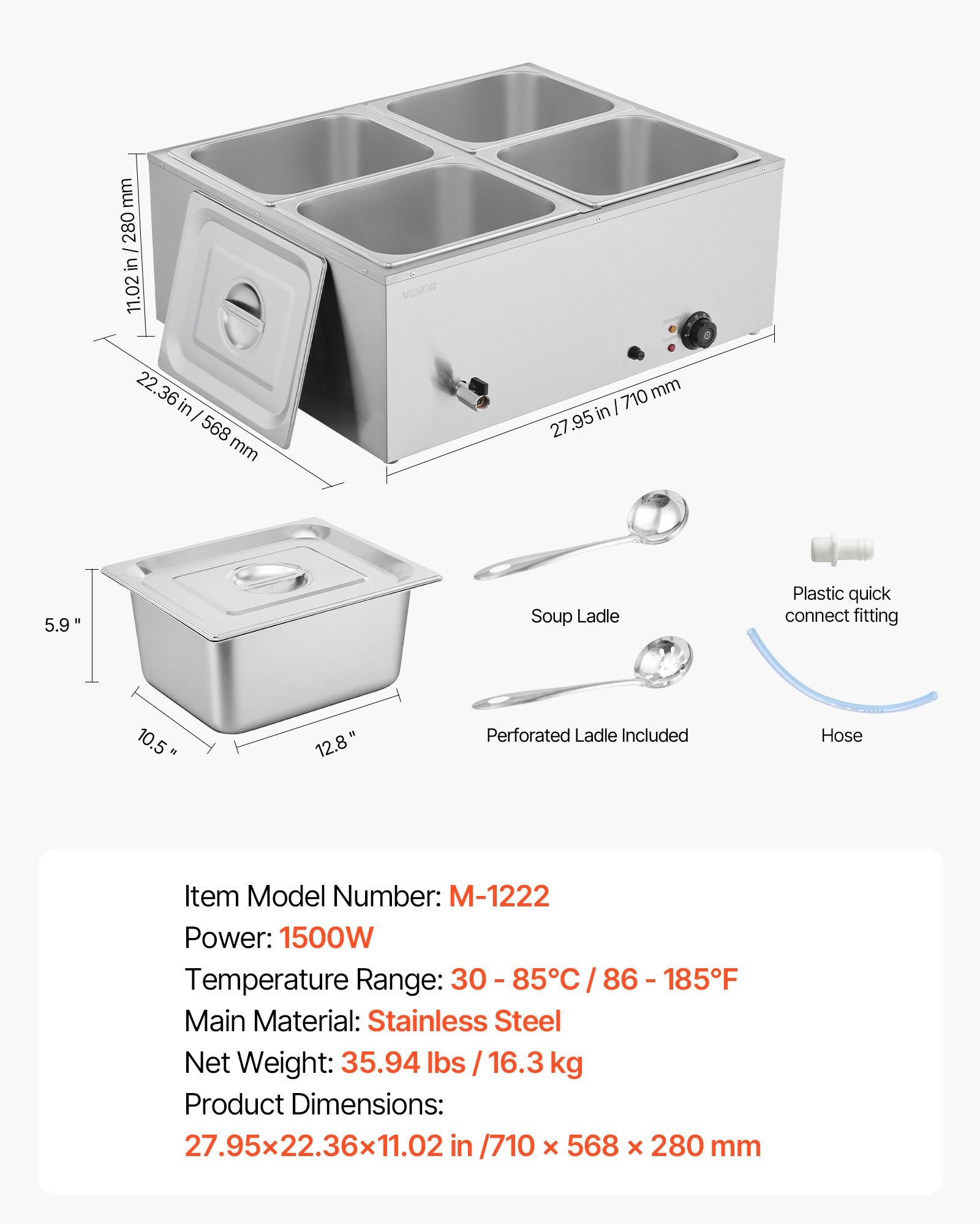 VEVOR Commercial Food Warmer, 1500W Electric Stainless Steel Steam Food Warmer with Lid, 4-Pan Fast Heating Countertop Buffet Bain Marie with Soup & Perforated Ladles, for Catering, Restaurant, Party 7