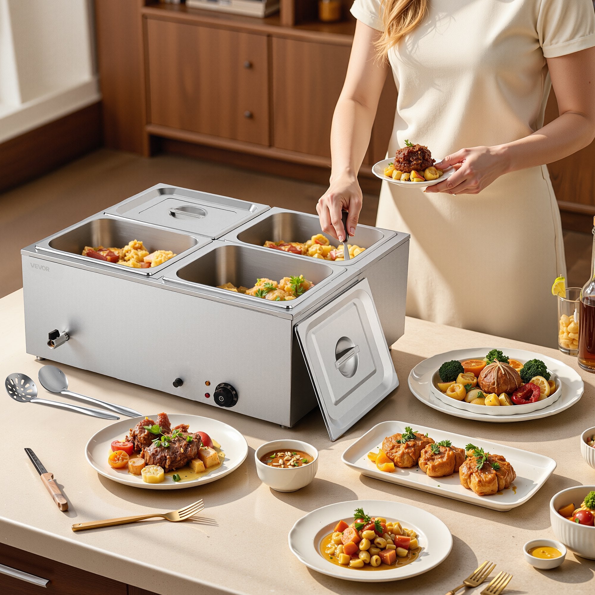 VEVOR Commercial Food Warmer, 1500W Electric Stainless Steel Steam Food Warmer with Lid, 4-Pan Fast Heating Countertop Buffet Bain Marie with Soup & Perforated Ladles, for Catering, Restaurant, Party 8