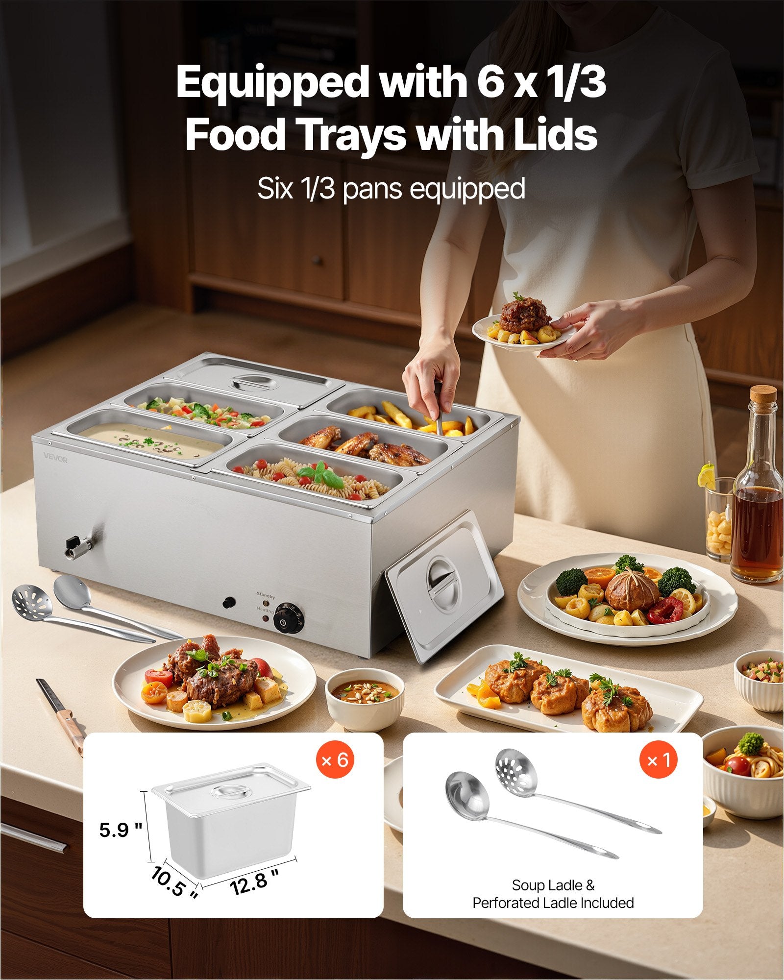VEVOR Commercial Food Warmer, 1500W Electric Stainless Steel Steam Food Warmer with Lid, 6-Pan Fast Heating Countertop Buffet Bain Marie with Soup & Perforated Ladles, for Catering, Restaurant, Party 3