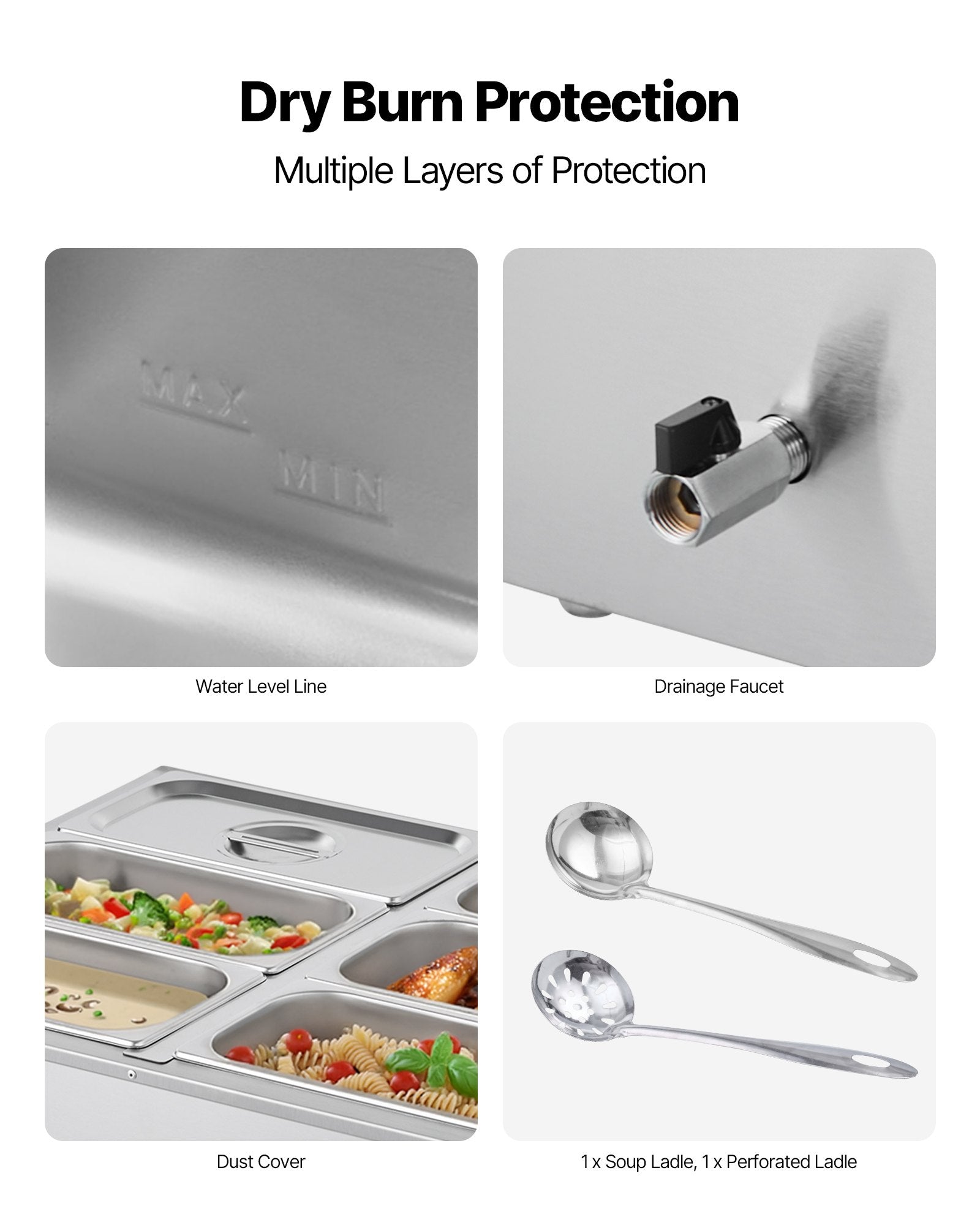 VEVOR Commercial Food Warmer, 1500W Electric Stainless Steel Steam Food Warmer with Lid, 6-Pan Fast Heating Countertop Buffet Bain Marie with Soup & Perforated Ladles, for Catering, Restaurant, Party 6