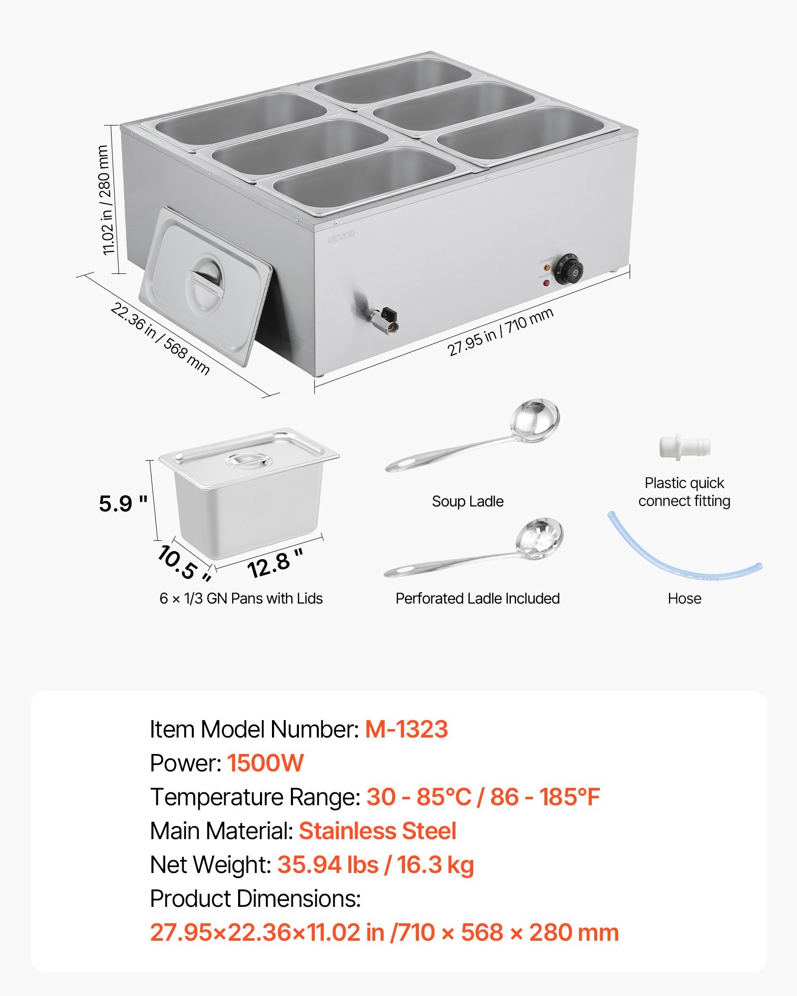 VEVOR Commercial Food Warmer, 1500W Electric Stainless Steel Steam Food Warmer with Lid, 6-Pan Fast Heating Countertop Buffet Bain Marie with Soup & Perforated Ladles, for Catering, Restaurant, Party 7