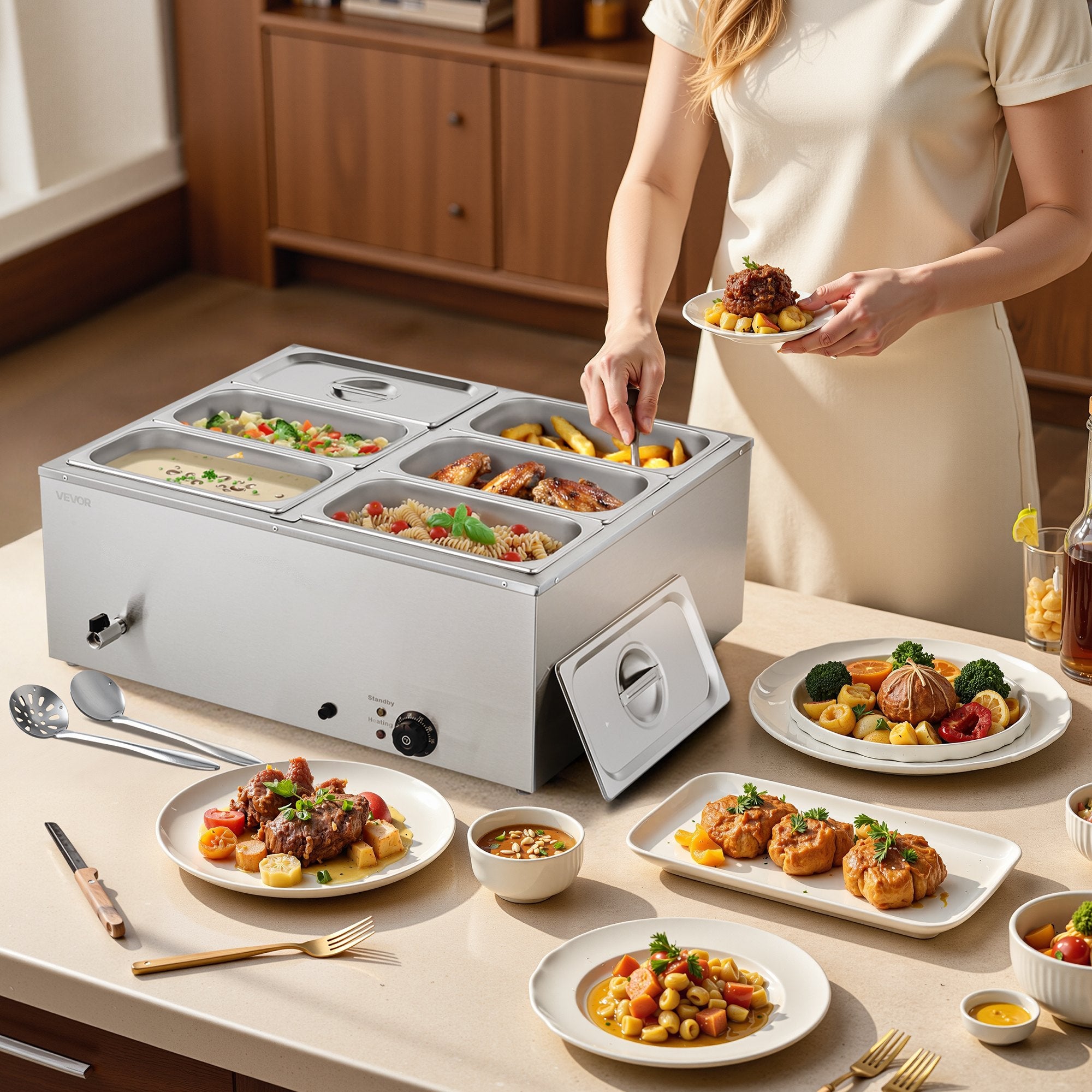 VEVOR Commercial Food Warmer, 1500W Electric Stainless Steel Steam Food Warmer with Lid, 6-Pan Fast Heating Countertop Buffet Bain Marie with Soup & Perforated Ladles, for Catering, Restaurant, Party 8