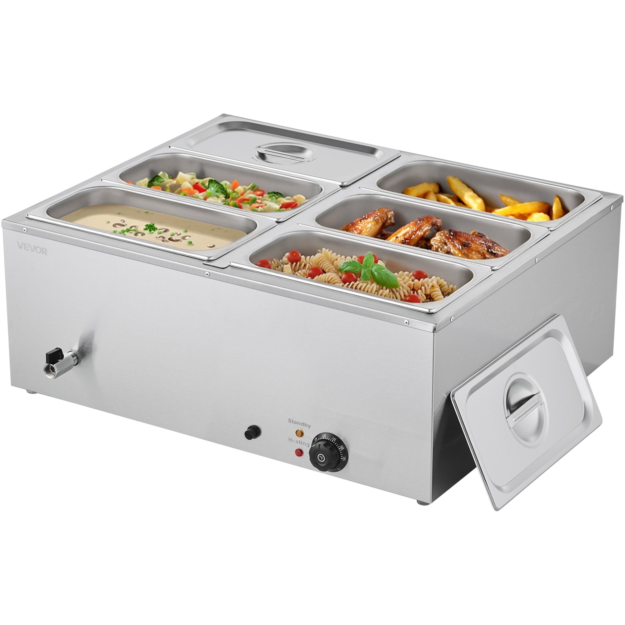 VEVOR Commercial Food Warmer, 1500W Electric Stainless Steel Steam Food Warmer with Lid, 6-Pan Fast Heating Countertop Buffet Bain Marie with Soup & Perforated Ladles, for Catering, Restaurant, Party 9