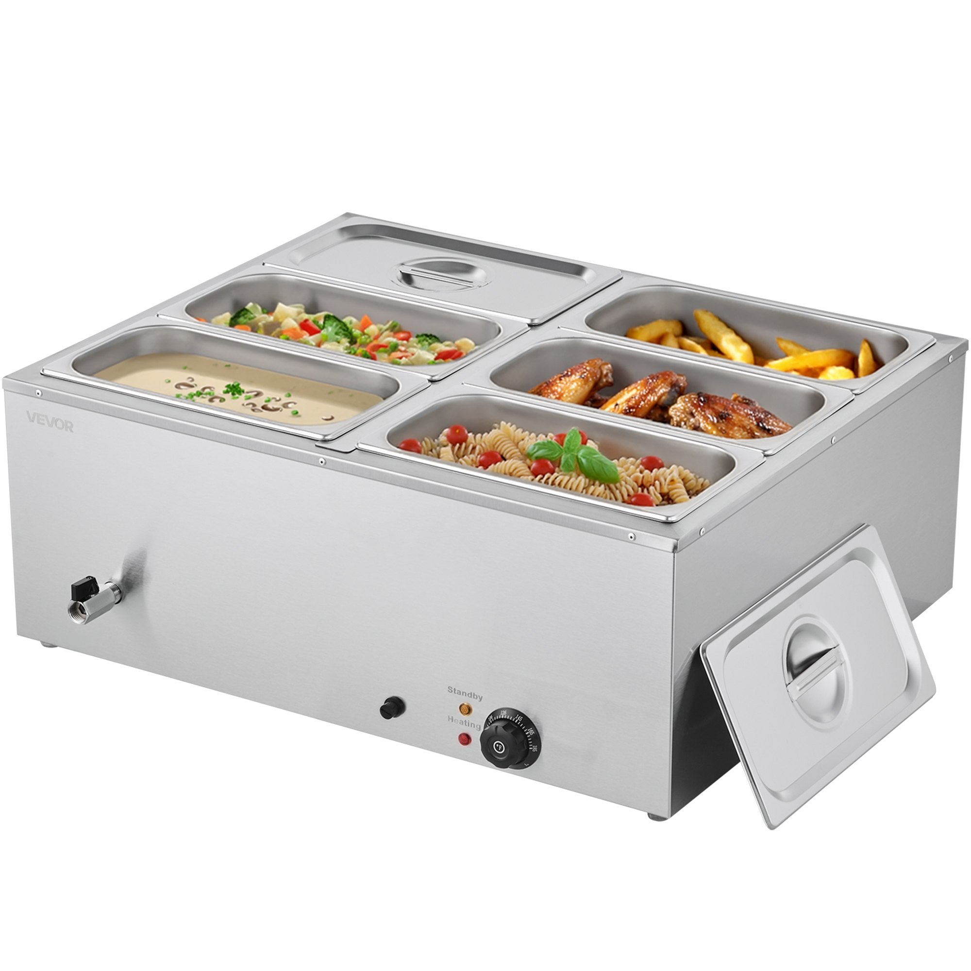 VEVOR Commercial Food Warmer, 1500W Electric Stainless Steel Steam Food Warmer with Lid, 6-Pan Fast Heating Countertop Buffet Bain Marie with Soup & Perforated Ladles, for Catering, Restaurant, Party 10