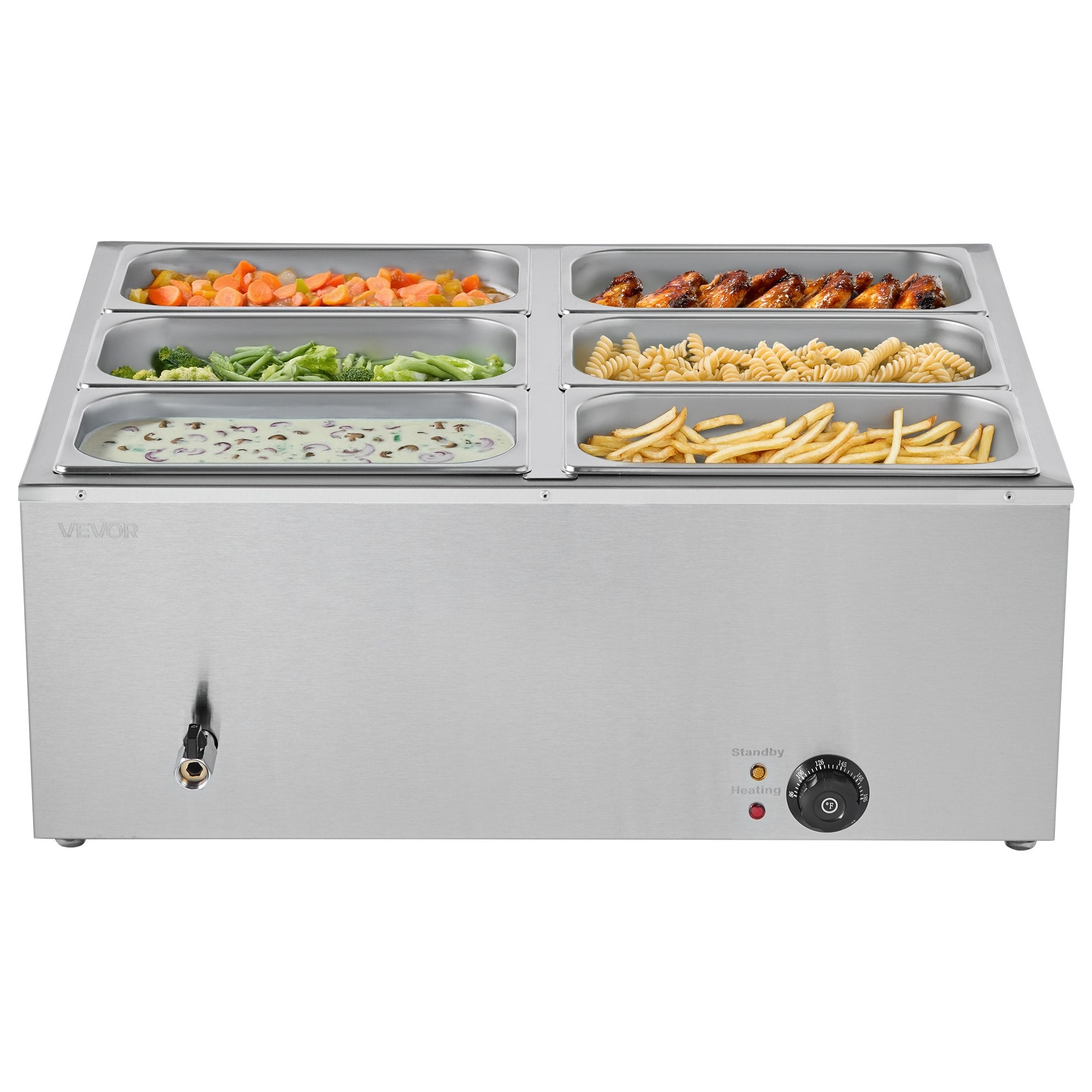 VEVOR Commercial Food Warmer, 1500W Electric Stainless Steel Steam Food Warmer with Lid, 6-Pan Fast Heating Countertop Buffet Bain Marie with Soup & Perforated Ladles, for Catering, Restaurant, Party 11
