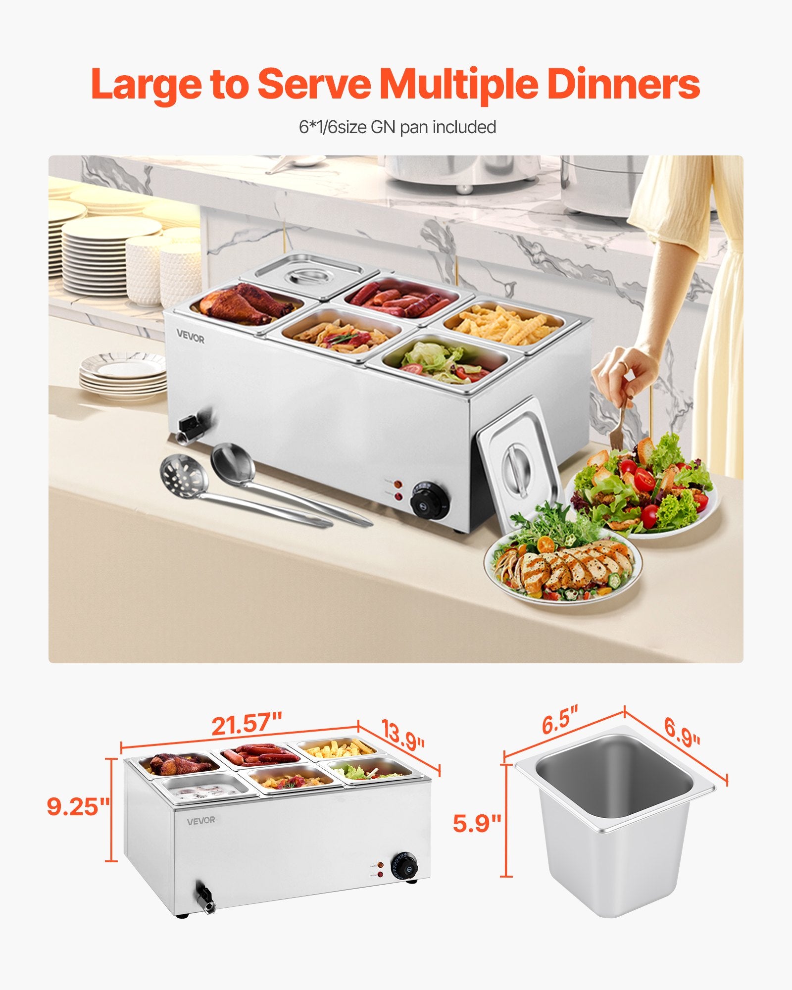 VEVOR Commercial Food Warmer, 6-Pan Electric Steam Table, 1200W Professional Countertop Stainless Steel Buffet Bain Marie with 30-85°C Temp Control for Catering, Buffet, Parties, Restaurants 3