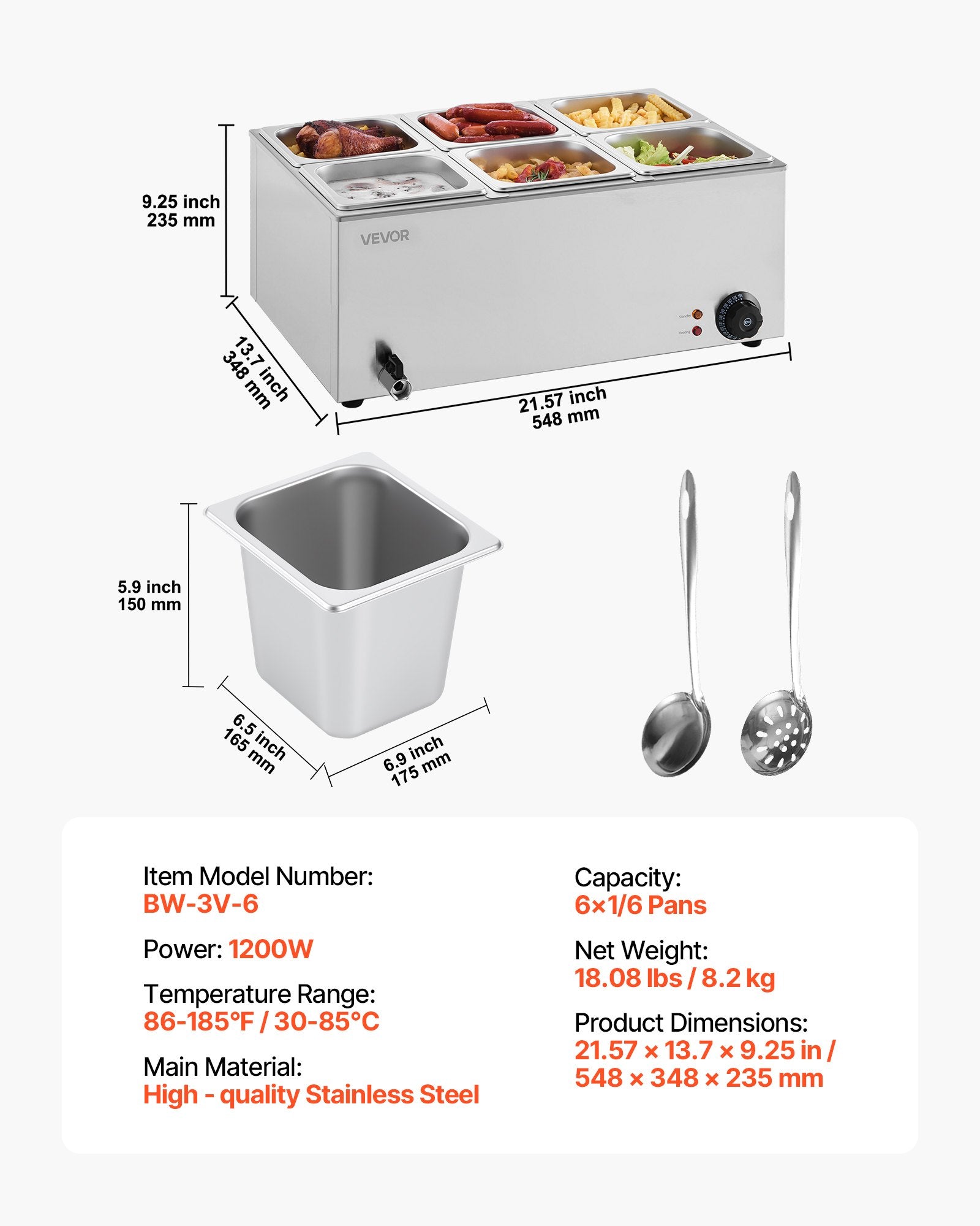 VEVOR Commercial Food Warmer, 6-Pan Electric Steam Table, 1200W Professional Countertop Stainless Steel Buffet Bain Marie with 30-85°C Temp Control for Catering, Buffet, Parties, Restaurants 7