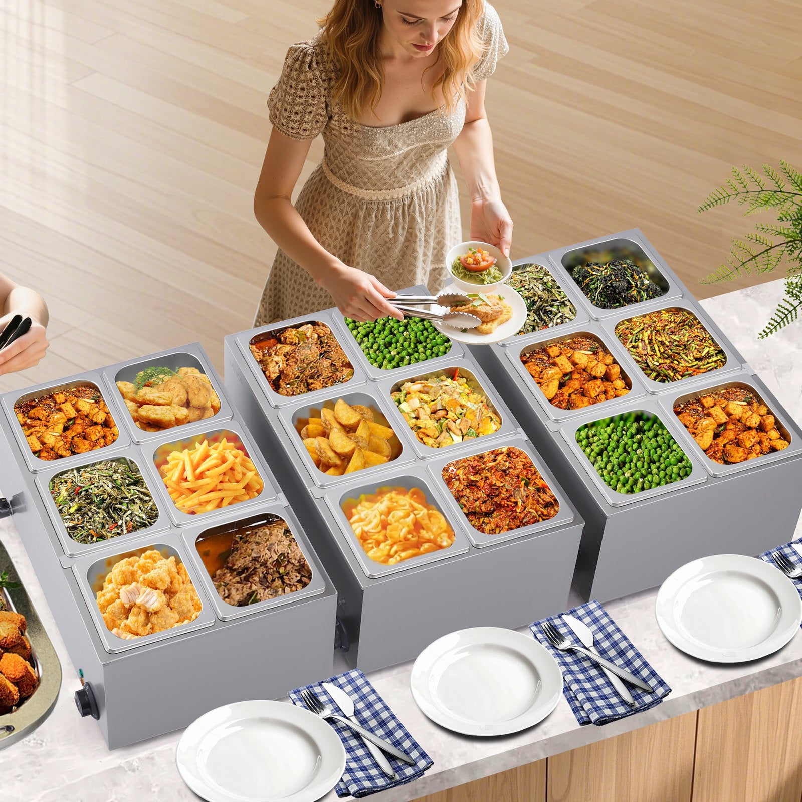 VEVOR Commercial Food Warmer, 6-Pan Electric Steam Table, 1200W Professional Countertop Stainless Steel Buffet Bain Marie with 30-85°C Temp Control for Catering, Buffet, Parties, Restaurants 8