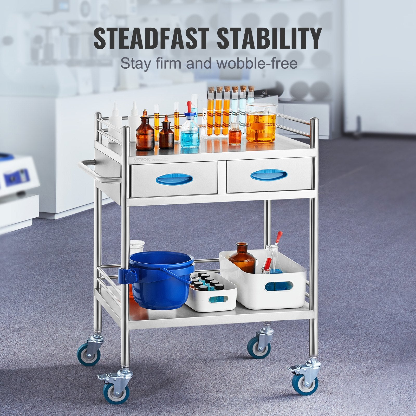 VEVOR Lab Serving Cart, 2 Layers Stainless Steel Utility Rolling Cart, Medical Cart with Two Drawers, Dental Utility Cart with Lockable Wheels and A Bucket, for Laboratory, Hospital, Dental Use 3