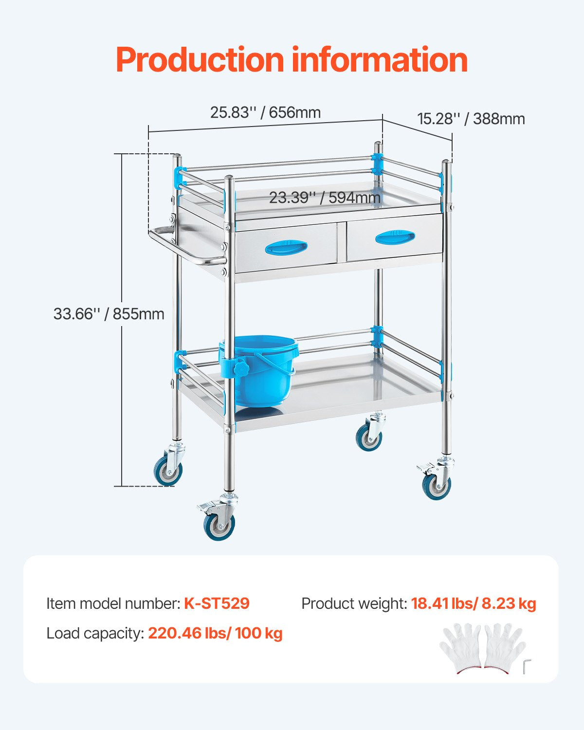 VEVOR Lab Serving Cart, 2 Layers Stainless Steel Utility Rolling Cart, Medical Cart with Two Drawers, Dental Utility Cart with Lockable Wheels and A Bucket, for Laboratory, Hospital, Dental Use 7
