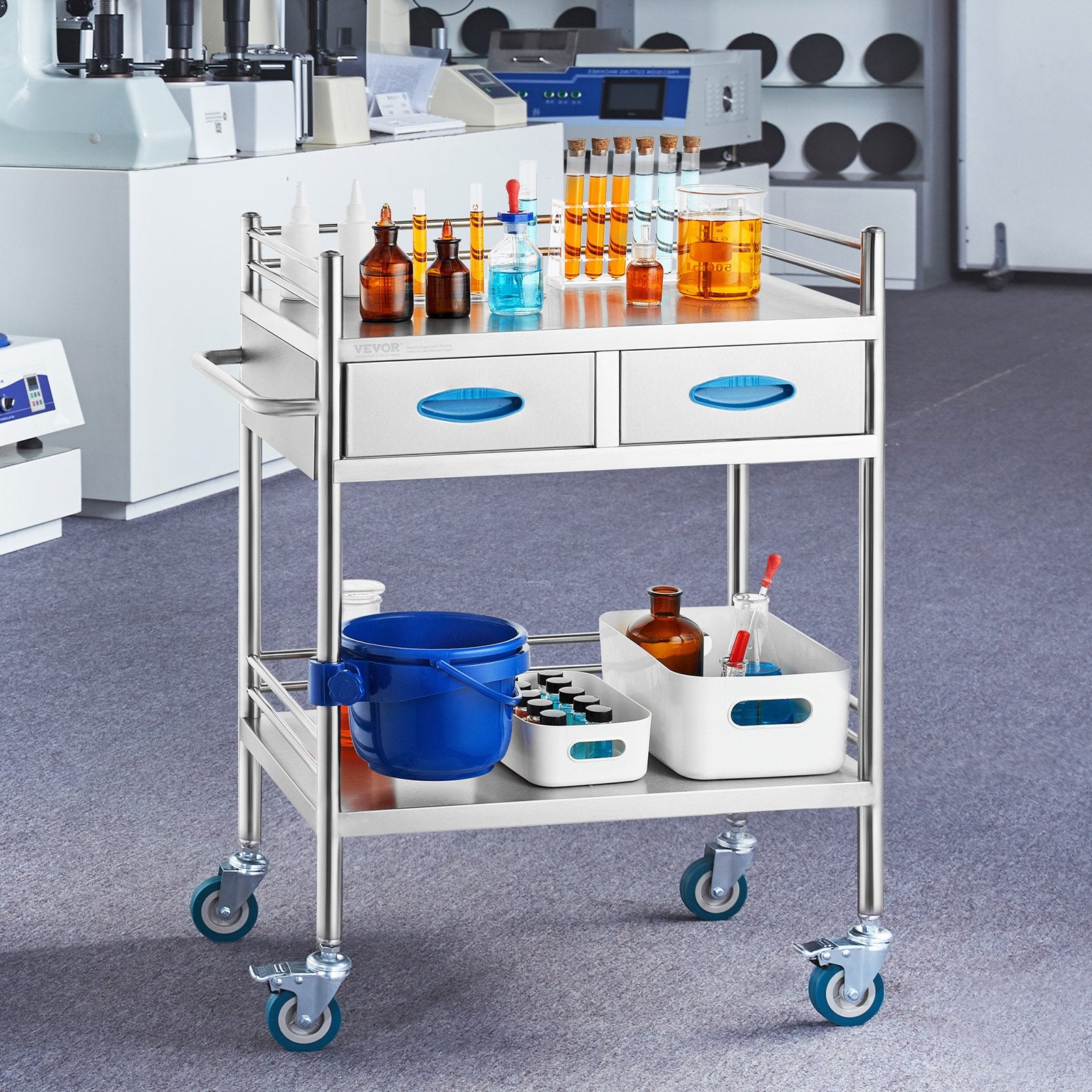 VEVOR Lab Serving Cart, 2 Layers Stainless Steel Utility Rolling Cart, Medical Cart with Two Drawers, Dental Utility Cart with Lockable Wheels and A Bucket, for Laboratory, Hospital, Dental Use 8