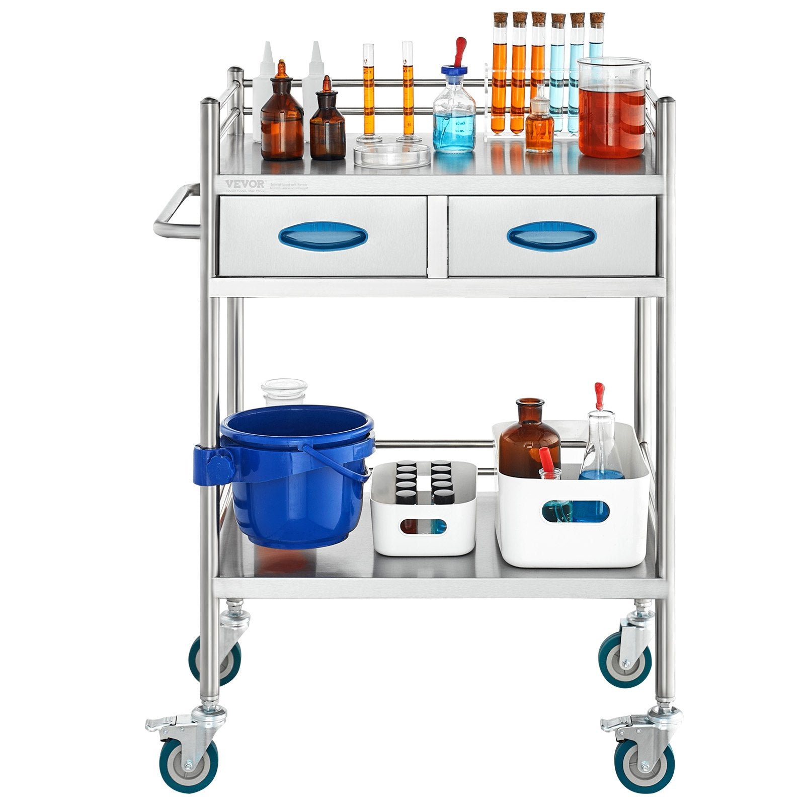 VEVOR Lab Serving Cart, 2 Layers Stainless Steel Utility Rolling Cart, Medical Cart with Two Drawers, Dental Utility Cart with Lockable Wheels and A Bucket, for Laboratory, Hospital, Dental Use 9