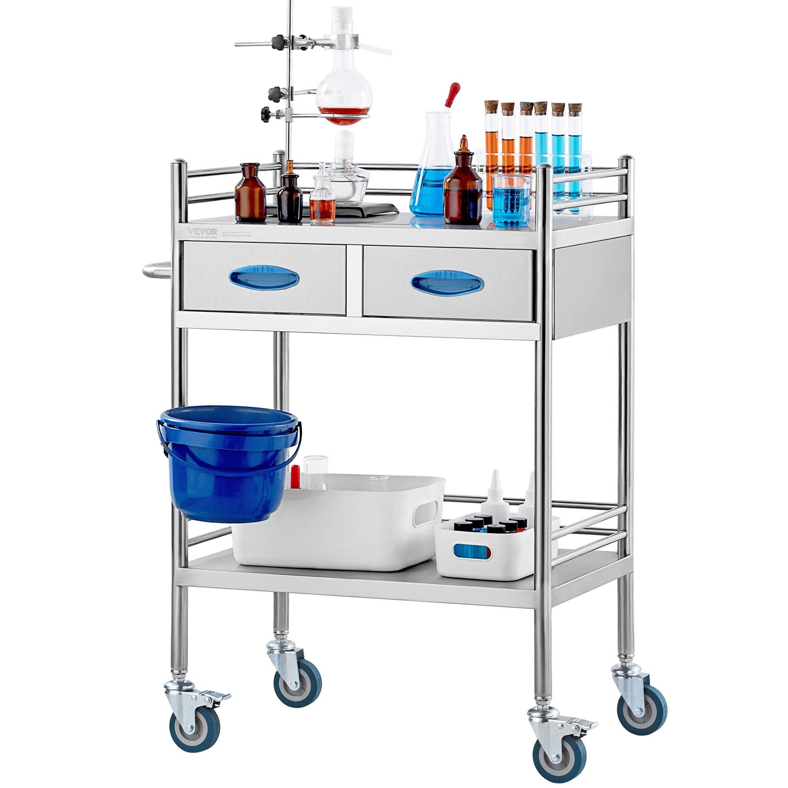 VEVOR Lab Serving Cart, 2 Layers Stainless Steel Utility Rolling Cart, Medical Cart with Two Drawers, Dental Utility Cart with Lockable Wheels and A Bucket, for Laboratory, Hospital, Dental Use 10