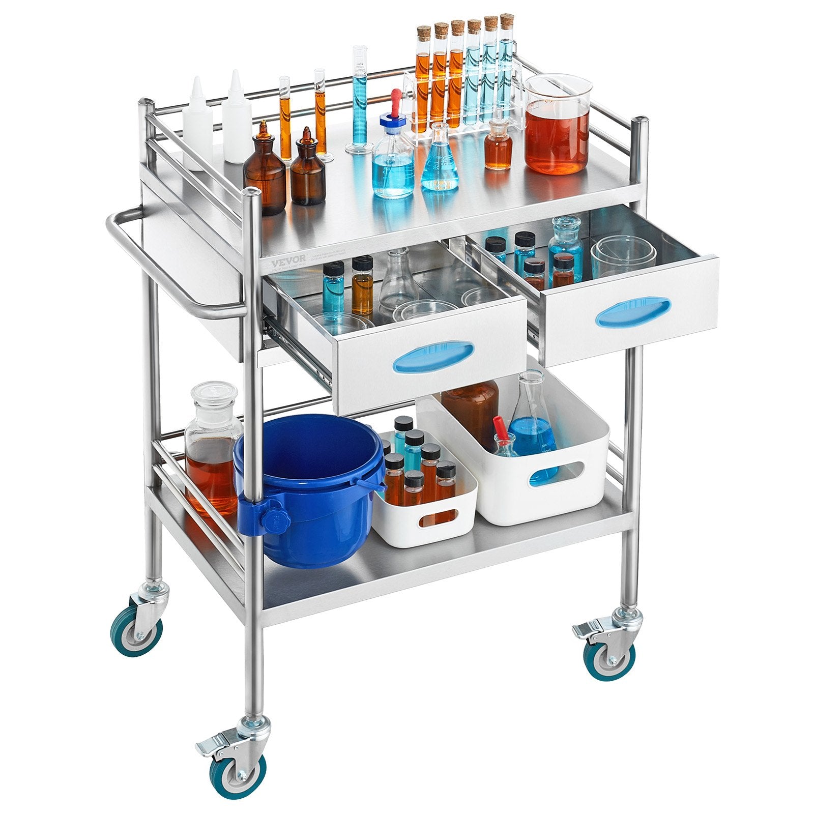 VEVOR Lab Serving Cart, 2 Layers Stainless Steel Utility Rolling Cart, Medical Cart with Two Drawers, Dental Utility Cart with Lockable Wheels and A Bucket, for Laboratory, Hospital, Dental Use 11