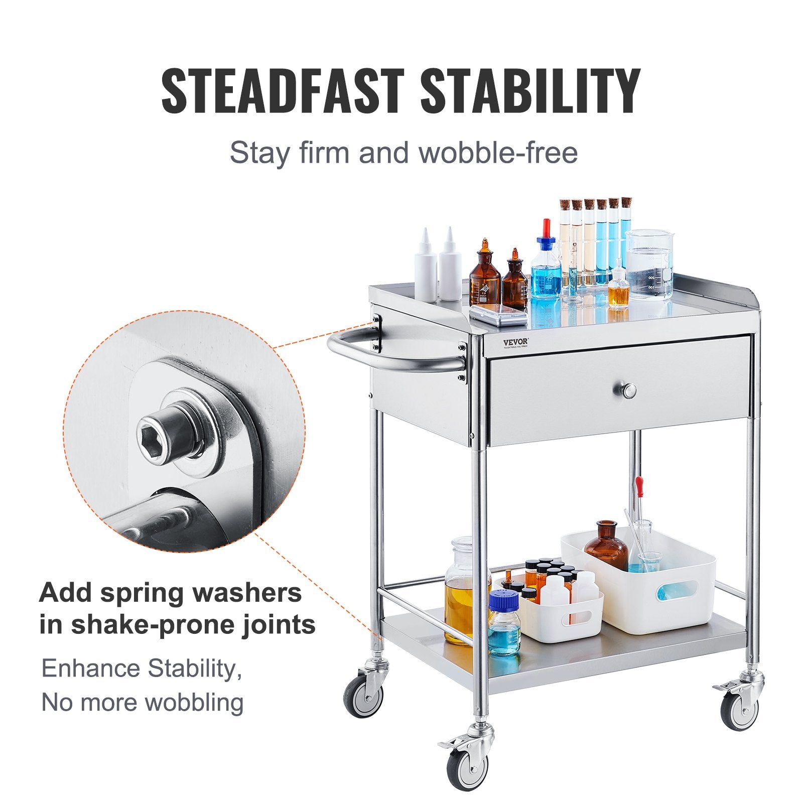 VEVOR Medical Cart, 2 Layer stainless Steel Cart100 kg Weight Capacity Utility Cart Silent Wheels and a Drawer for Lab, Clinic, kitchen, Salon 3