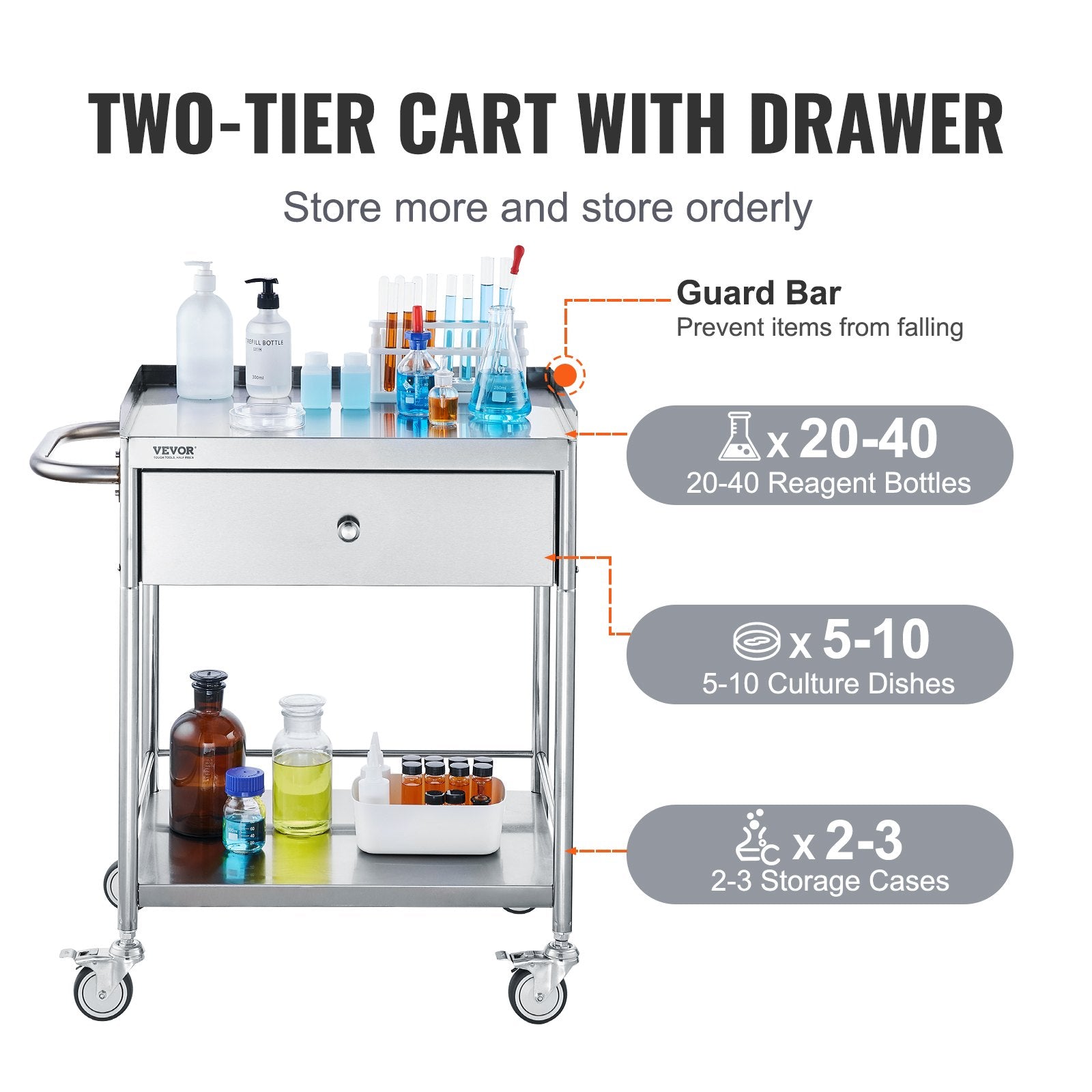 VEVOR Medical Cart, 2 Layer stainless Steel Cart100 kg Weight Capacity Utility Cart Silent Wheels and a Drawer for Lab, Clinic, kitchen, Salon 5