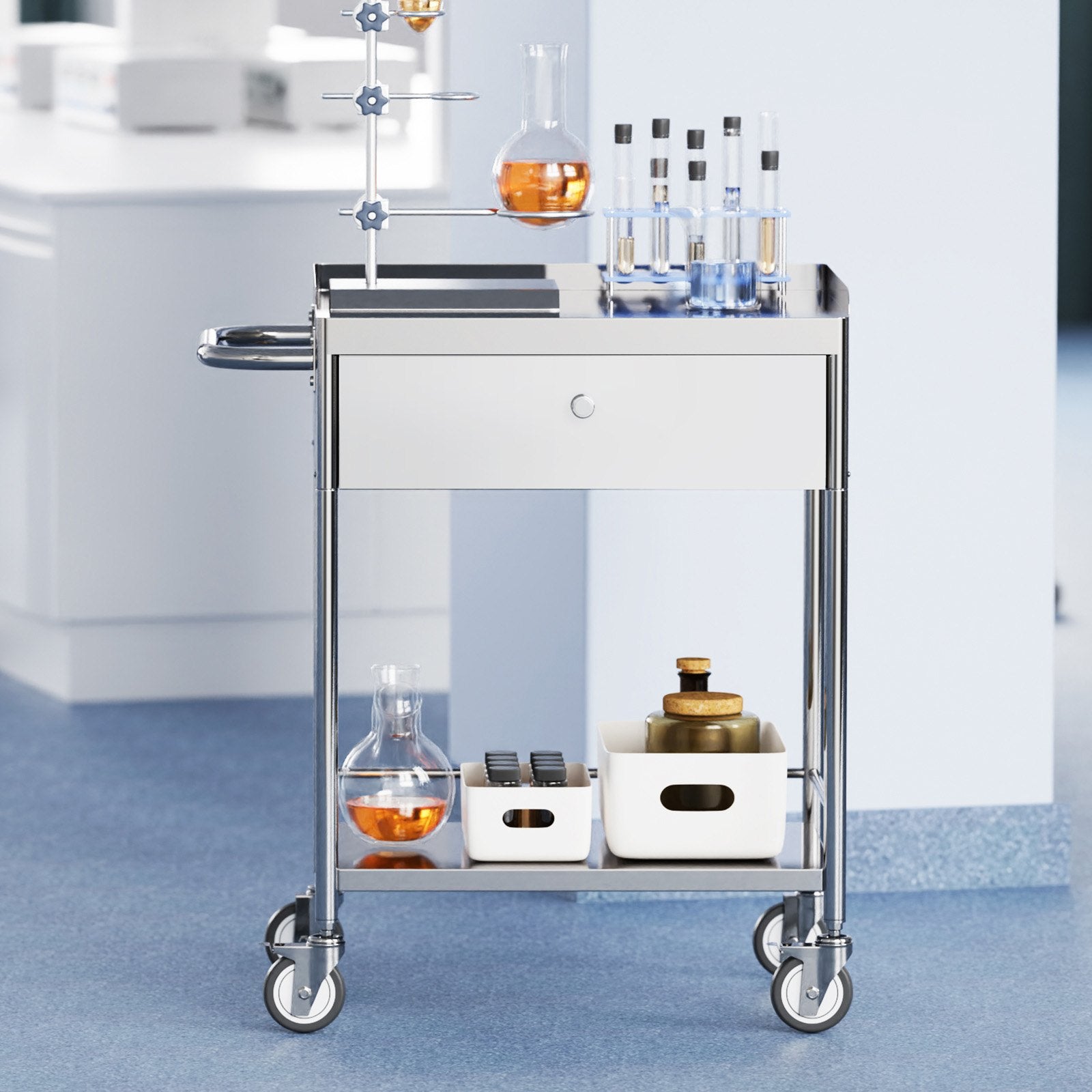 VEVOR Medical Cart, 2 Layer stainless Steel Cart100 kg Weight Capacity Utility Cart Silent Wheels and a Drawer for Lab, Clinic, kitchen, Salon 8
