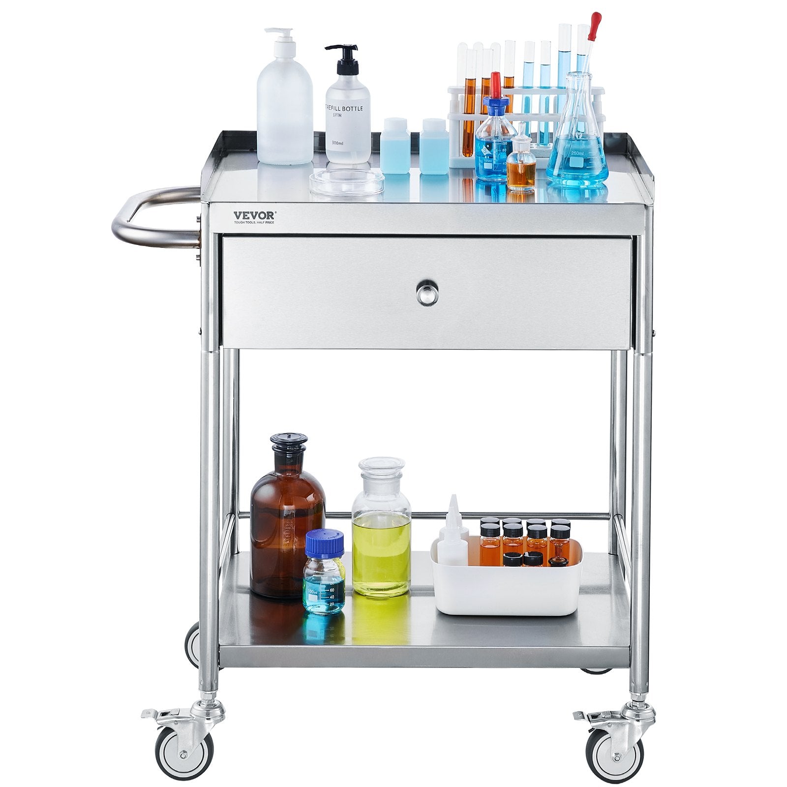 VEVOR Medical Cart, 2 Layer stainless Steel Cart100 kg Weight Capacity Utility Cart Silent Wheels and a Drawer for Lab, Clinic, kitchen, Salon 9
