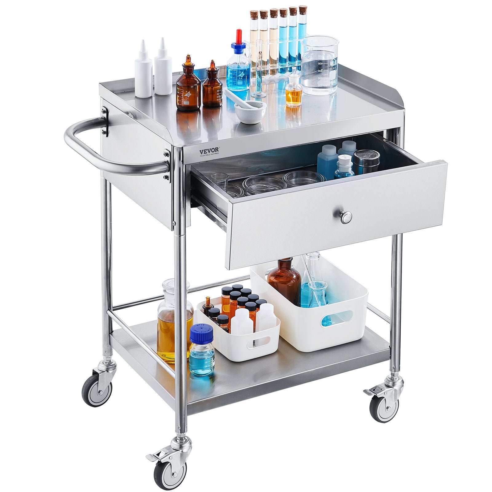 VEVOR Medical Cart, 2 Layer stainless Steel Cart100 kg Weight Capacity Utility Cart Silent Wheels and a Drawer for Lab, Clinic, kitchen, Salon 10