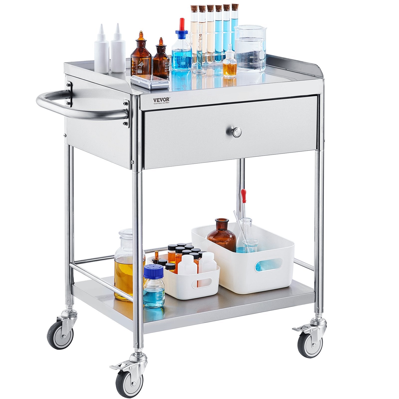 VEVOR Medical Cart, 2 Layer stainless Steel Cart100 kg Weight Capacity Utility Cart Silent Wheels and a Drawer for Lab, Clinic, kitchen, Salon 11