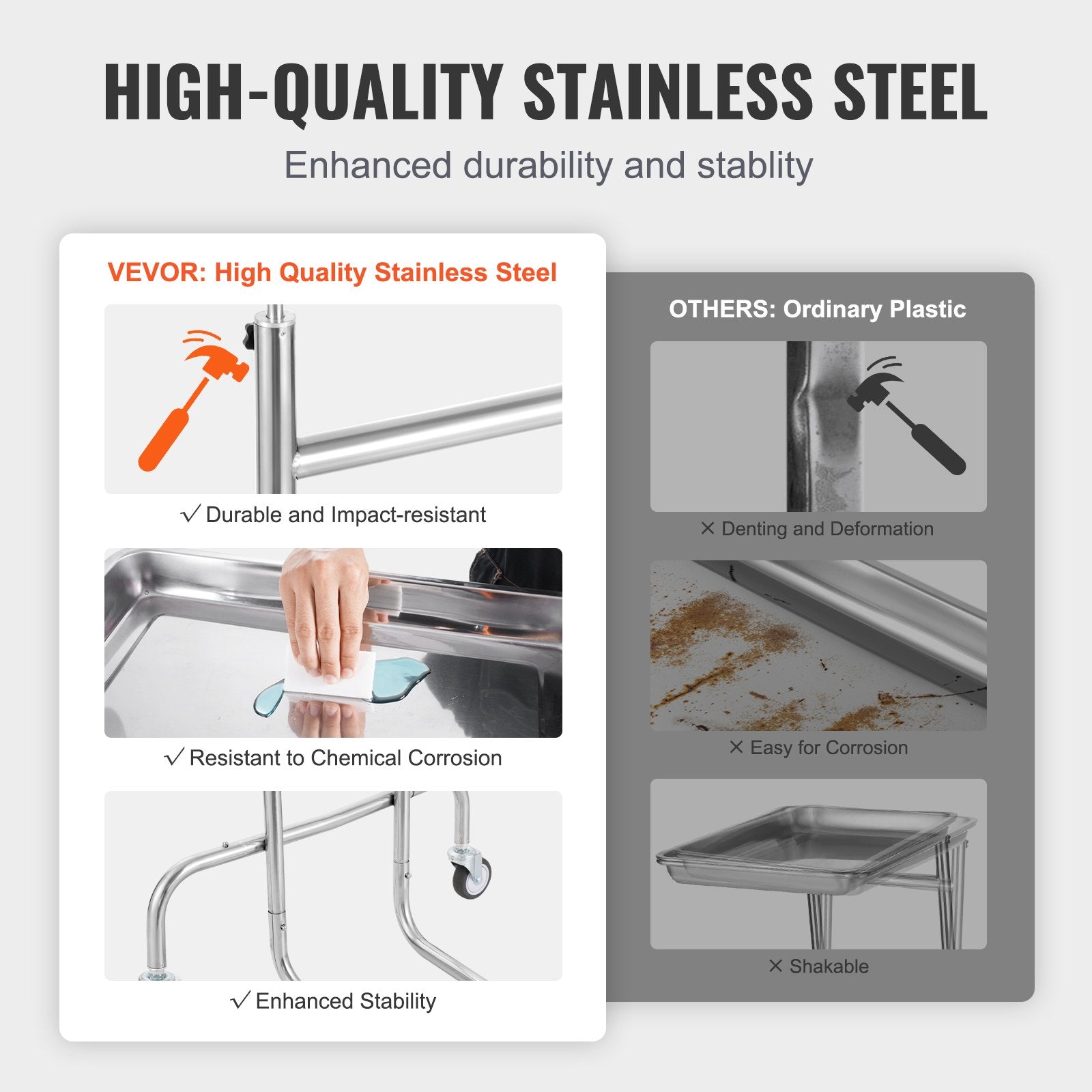 VEVOR Stainless Steel Lab Cart with Single Tray & 2 Silent Wheels for Lab Clinic 3