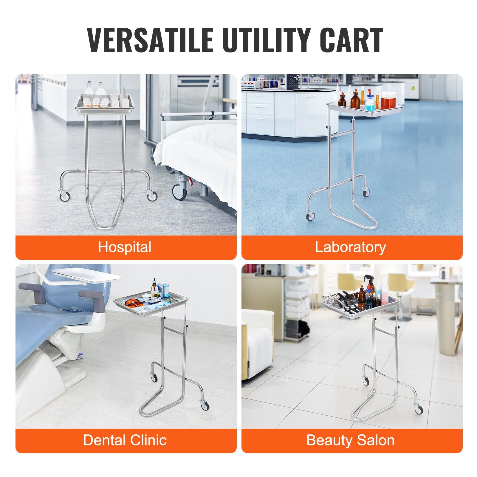 VEVOR Stainless Steel Lab Cart with Single Tray & 2 Silent Wheels for Lab Clinic 6